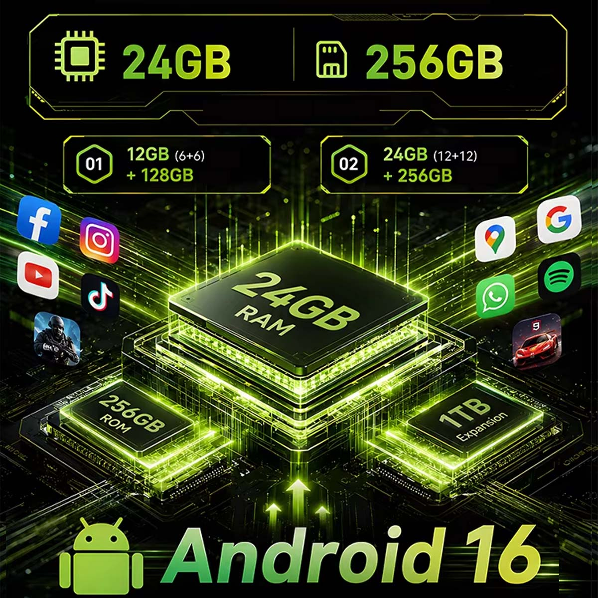 Gráfico tecnológico con 24GB RAM, 256GB ROM, Android 16 y varios logotipos de aplicaciones sobre fondo verde.