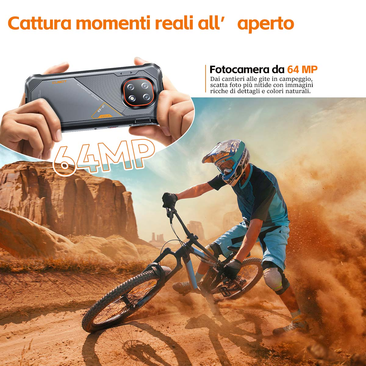 Un ciclista de montaña avanza por un desierto polvoriento, mientras manos sostienen un teléfono resistente.