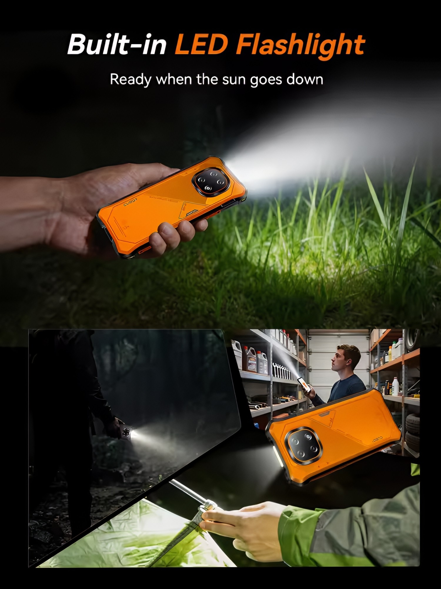 Un teléfono naranja con linterna LED integrada brilla en la oscuridad, mostrado en varias escenas en exteriores e interiores.