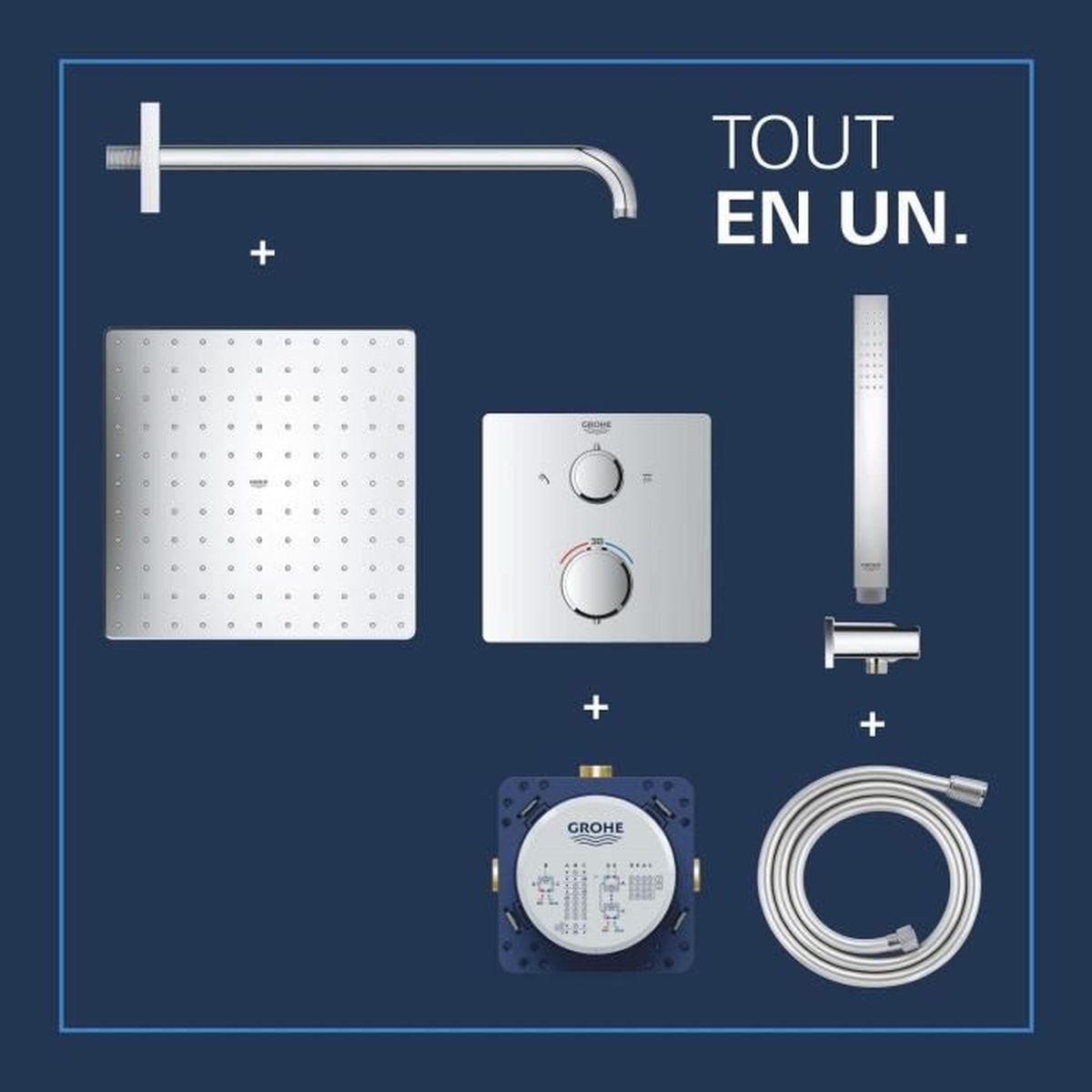 Eine Anzeige mit einem Grohe Duschsystem mit auf blauem Grund dargestellten Komponenten und dem Text "TOUT EN UN.".