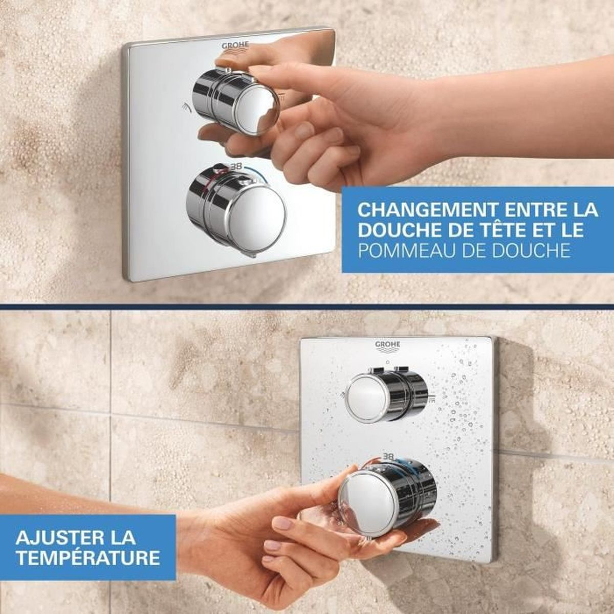 Hand bedient Chrom-Duscharmatur mit Temperatur- und Wechselfunktion.