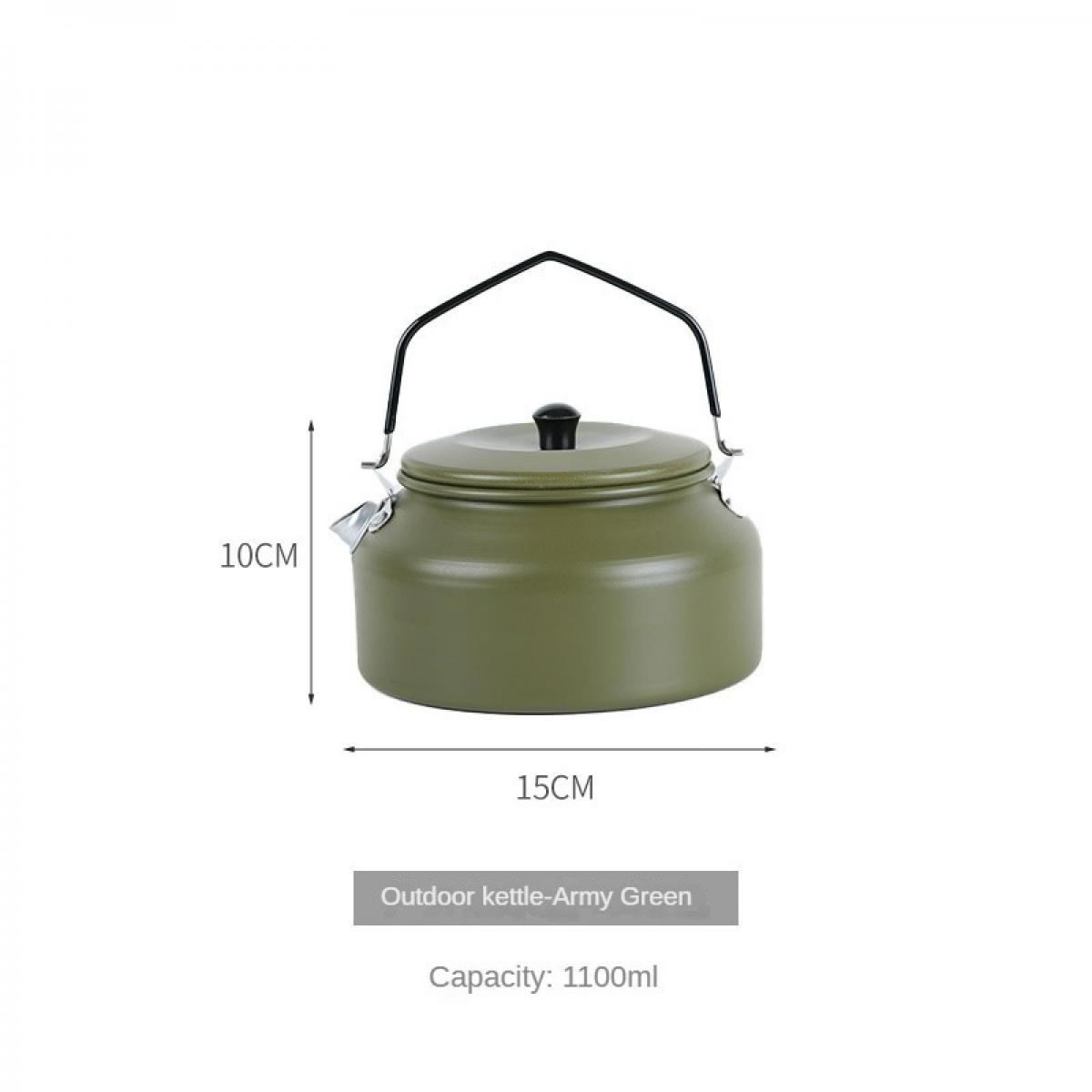 Olivgrüner Outdoor-Kessel mit schwarzem Griff, 10cm Höhe, 15cm Breite und 1100ml Fassungsvermögen.