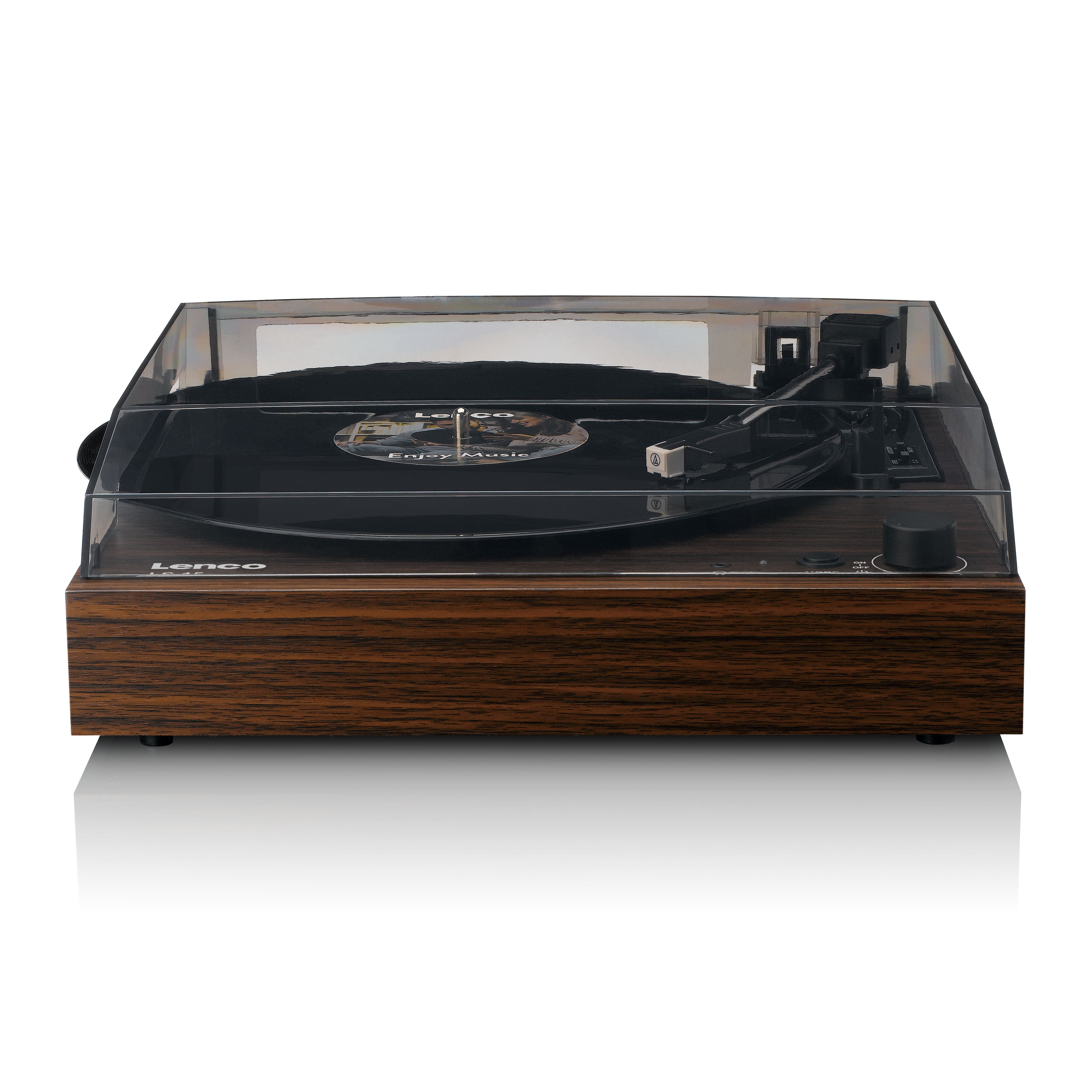 Holzfarbener Lenco-Plattenspieler mit transparenter Staubschutzhaube und Vinylplatte.