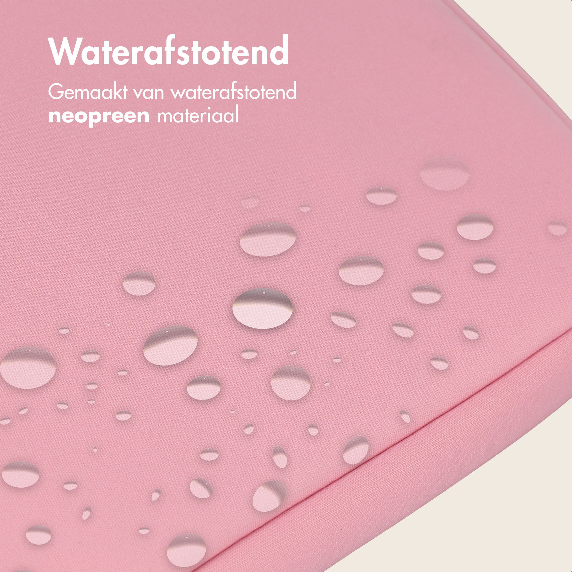 Wassertropfen auf rosa Neoprenoberfläche mit Text.