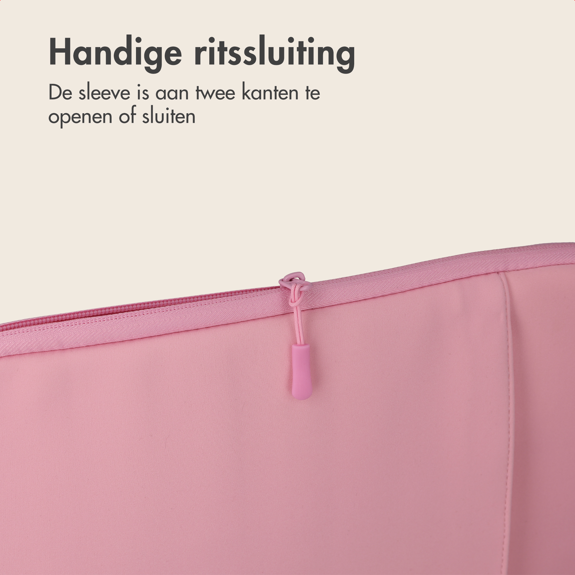Rosa Laptoptasche mit einem doppelten Reißverschluss für einfache Handhabung und Text darüber.