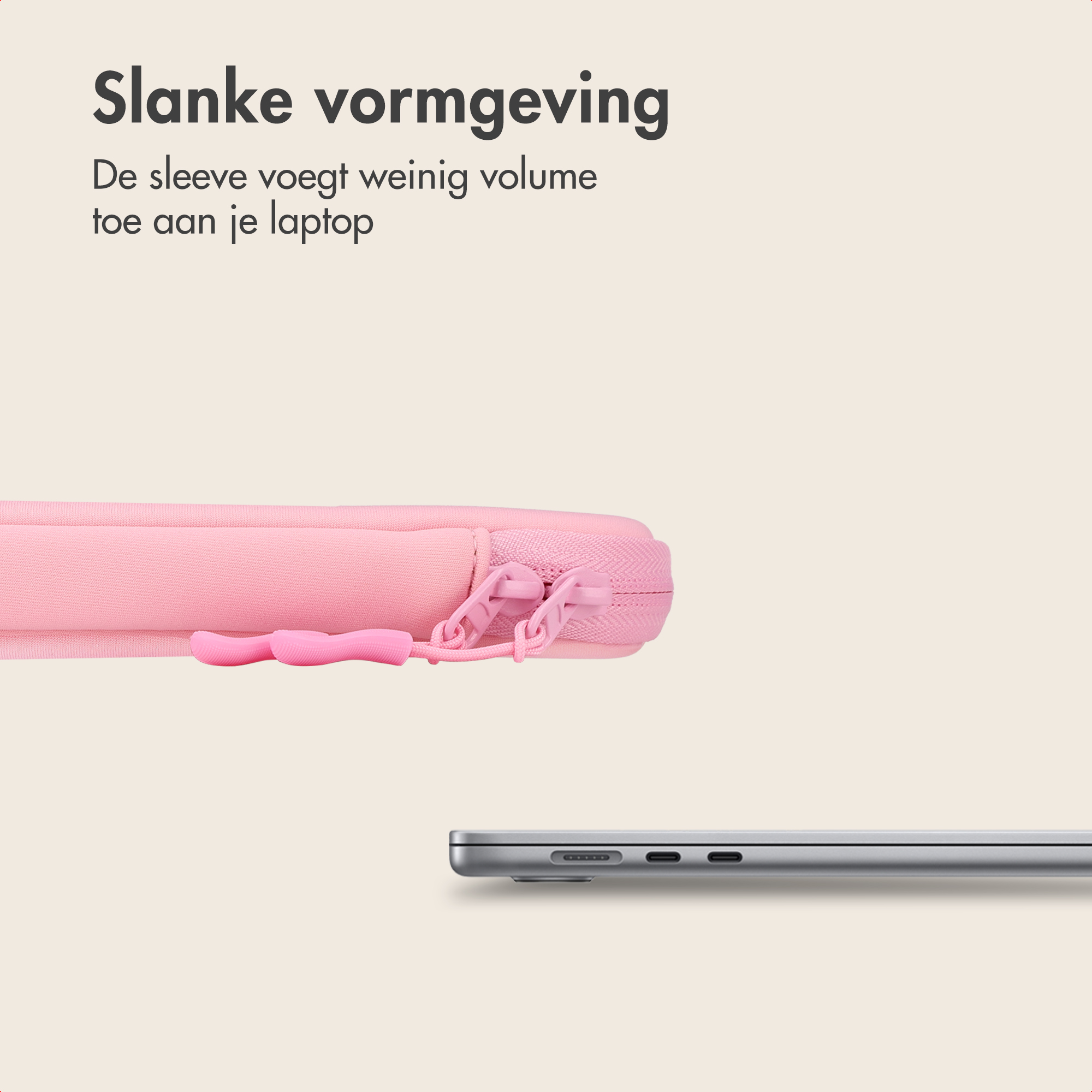 Eine dünne rosa Laptoptasche über einem schmalen grauen Laptop, oben mit niederländischem Text.