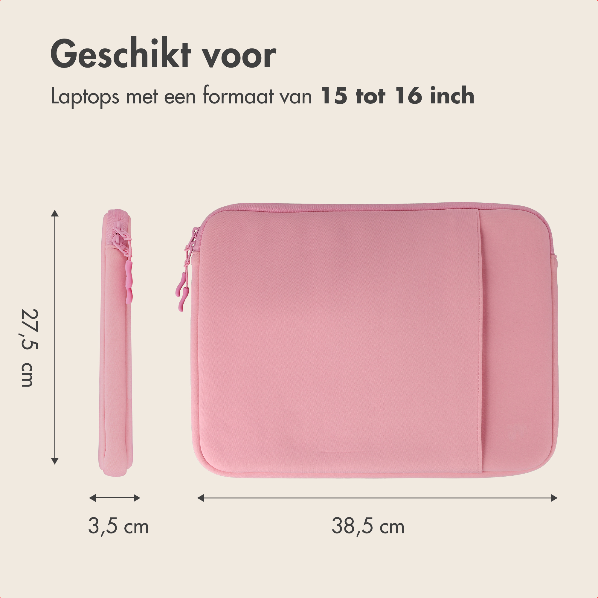 Rosa Laptoptasche mit Maßen: 38,5 cm Breite, 27,5 cm Höhe, 3,5 cm Dicke, für 15 bis 16 Zoll Laptops.