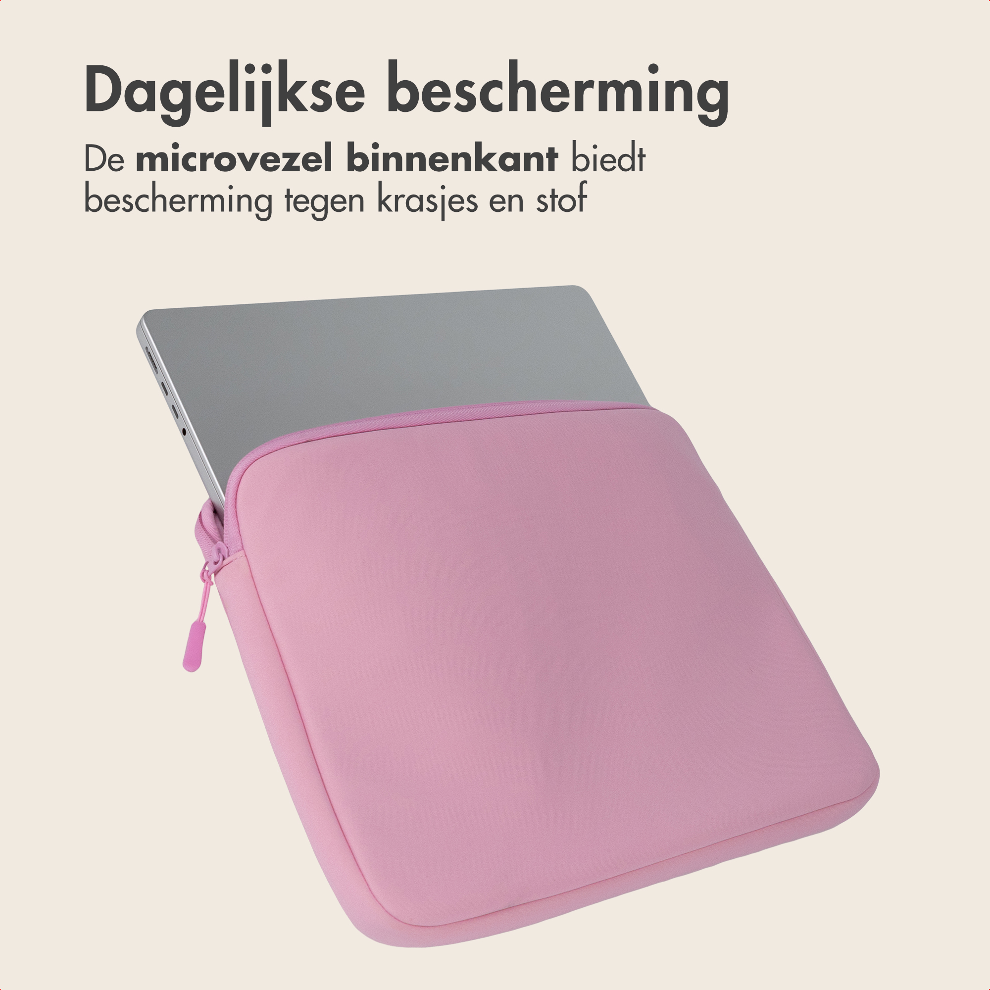 Ein silberner Laptop in einer rosa Hülle mit Text oben.