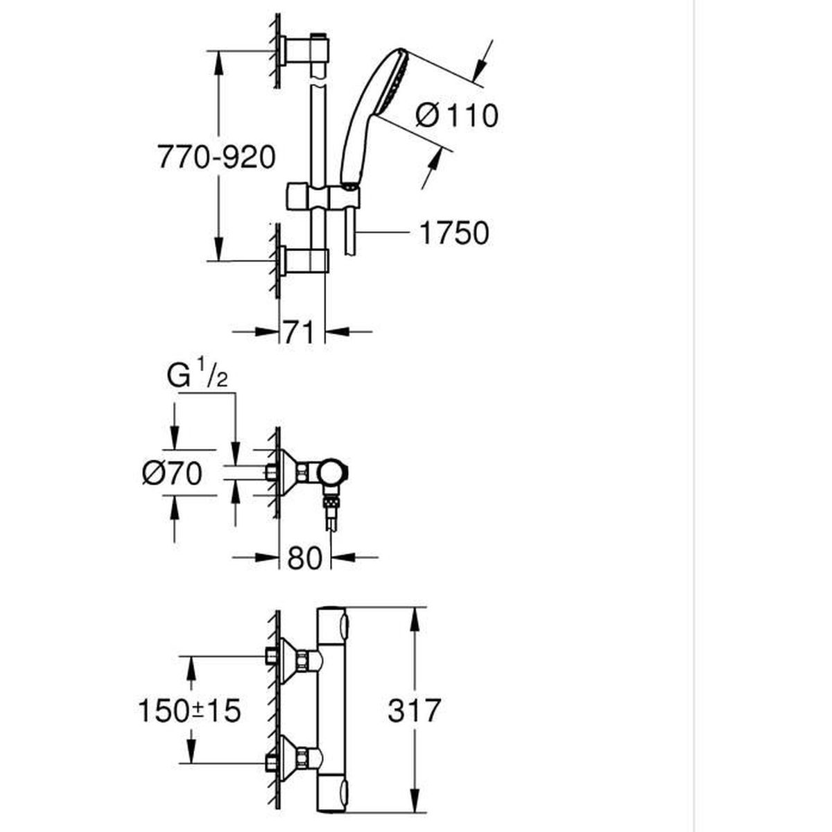 Technische Zeichnung mit Maßangaben für eine Duscharmatur und Handbrause.