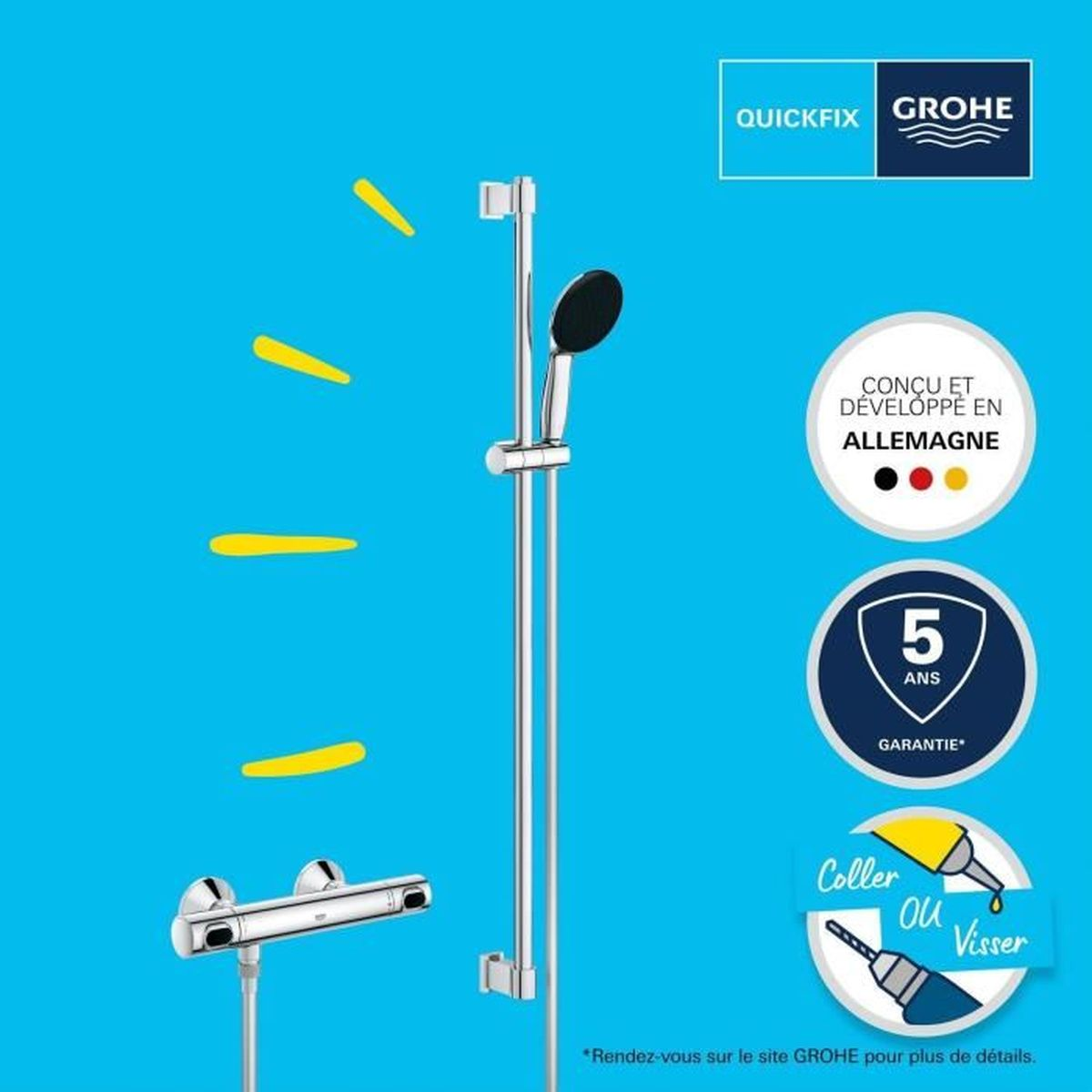Grohe Duschset mit Thermostat und Handbrause vor blauem Hintergrund.