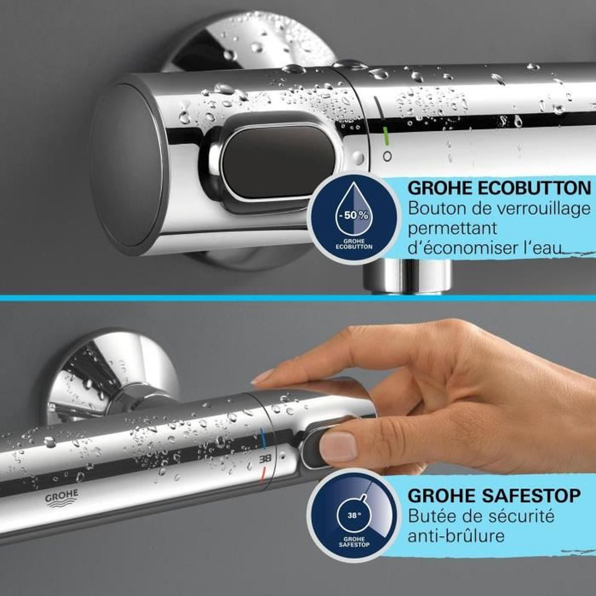 Chrom-Armatur mit Wassertropfen, mit EcoButton zum Wassersparen und SafeStop für Verbrühungsschutz.