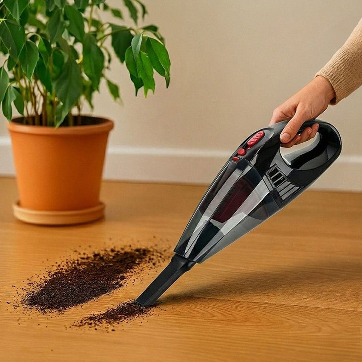 Eine Person benutzt einen Handstaubsauger, um verschüttete Erde von einem Holzboden zu reinigen.
