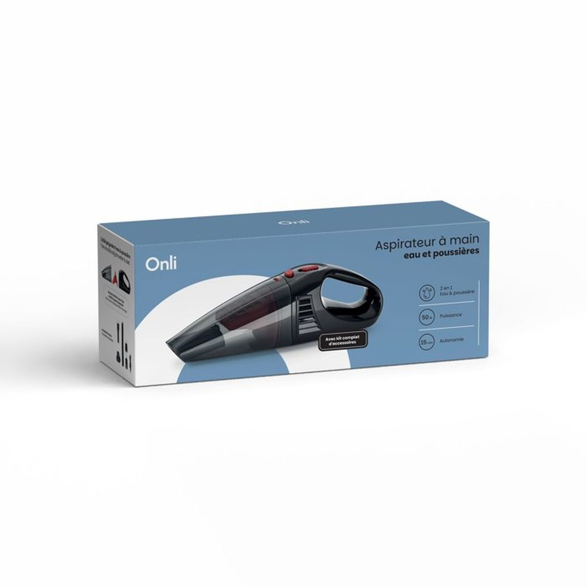Eine blaue Produktbox für einen Onli Handstaubsauger für Nass- und Trockensaugen, mit Produktabbildung und Merkmalen.