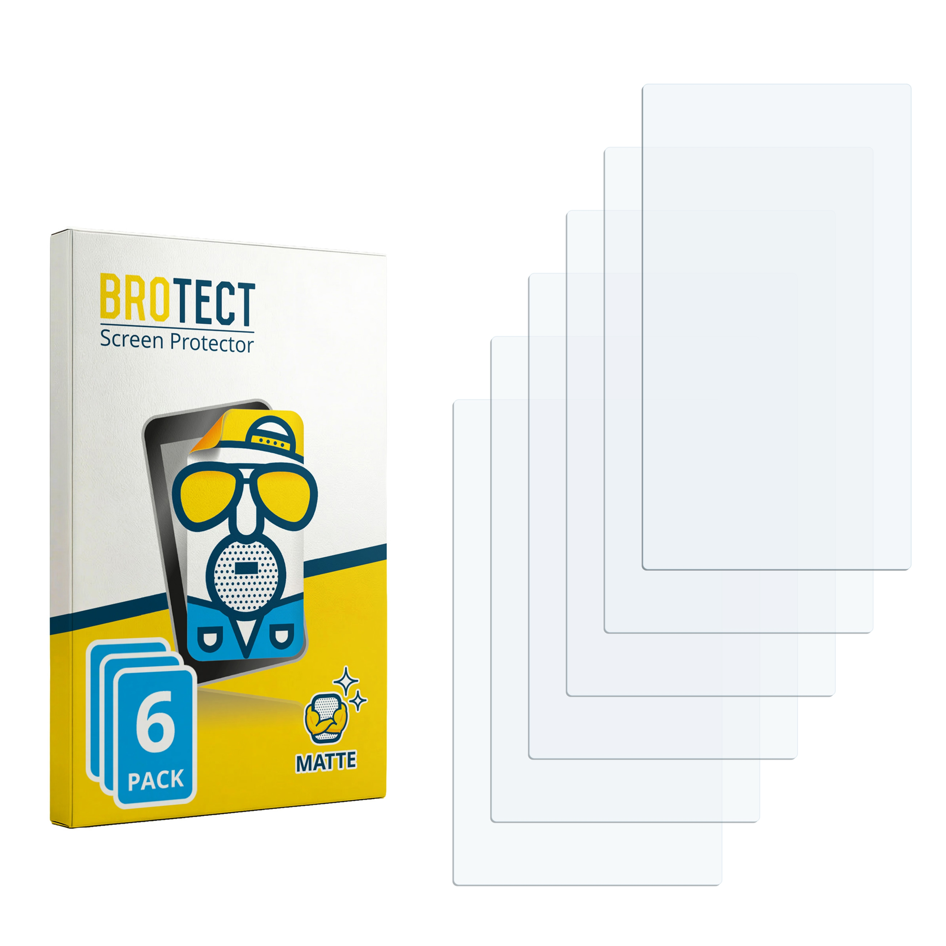 BROTECT Displayschutzfolie 6er-Pack in Verpackung mit fünf transparenten Folien daneben.