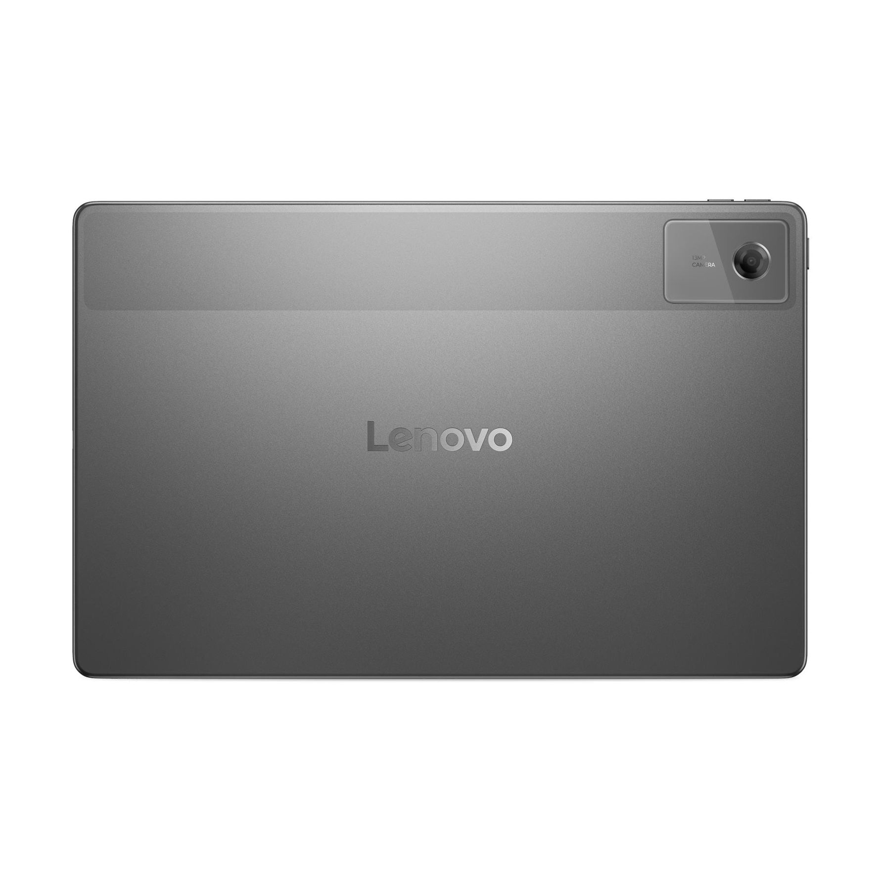 Rückseite eines grauen Lenovo-Tablets mit Kameramodul oben rechts und Lenovo-Logo in der Mitte.
