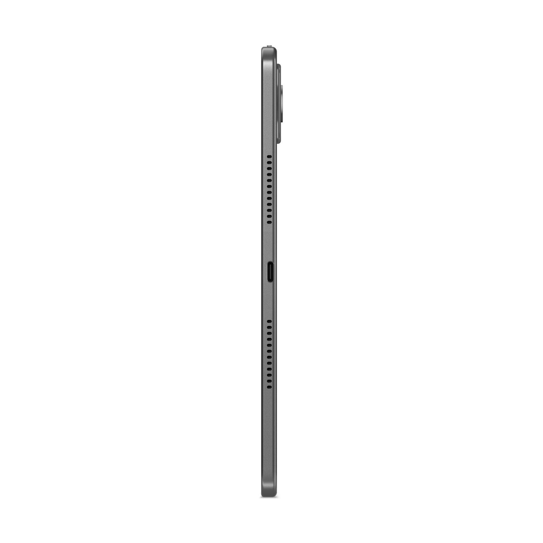 Seitenansicht eines grauen Tablets mit Lautsprechern und USB-C-Anschluss.