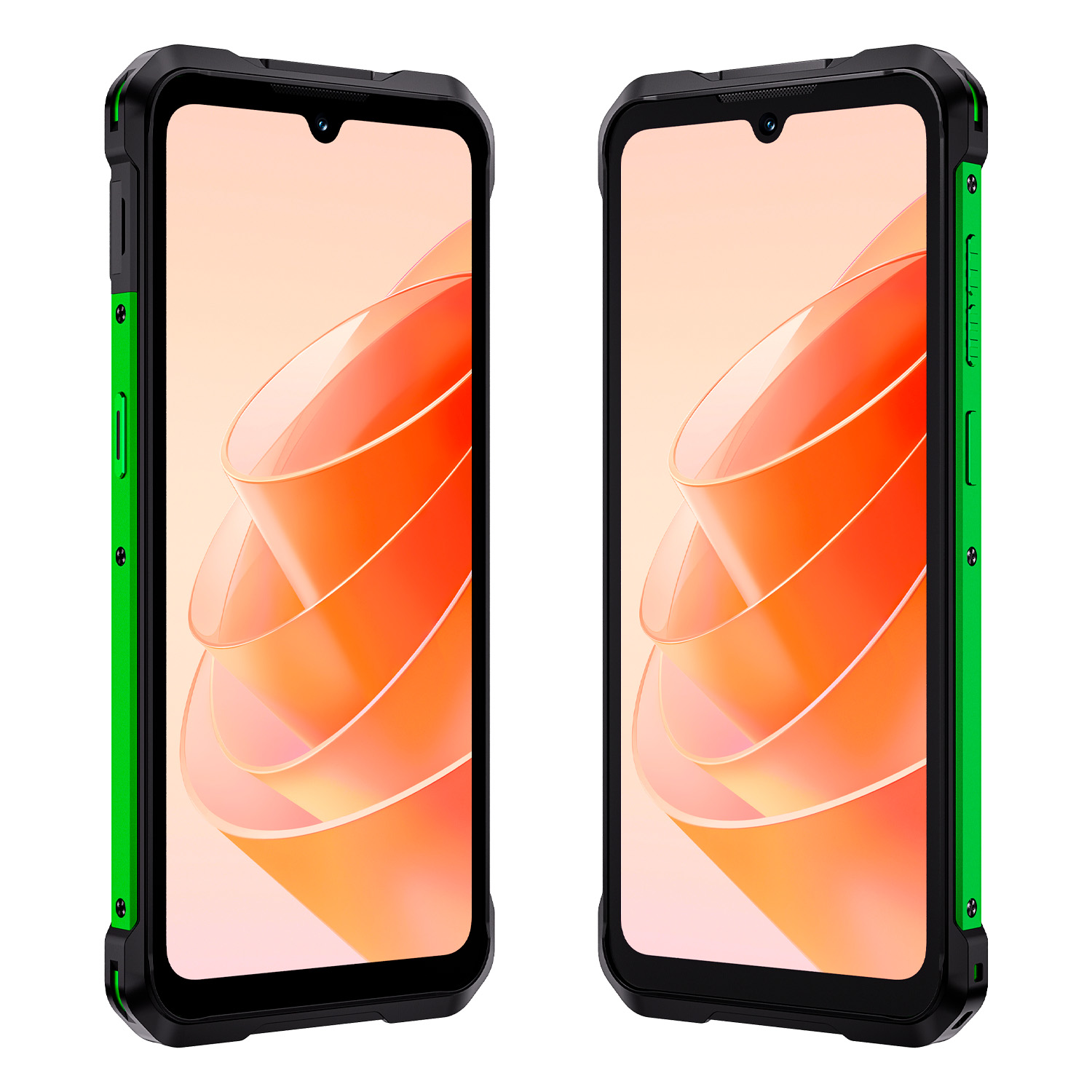 Dos teléfonos inteligentes resistentes con fundas negras y verdes que muestran un fondo de pantalla abstracto naranja.