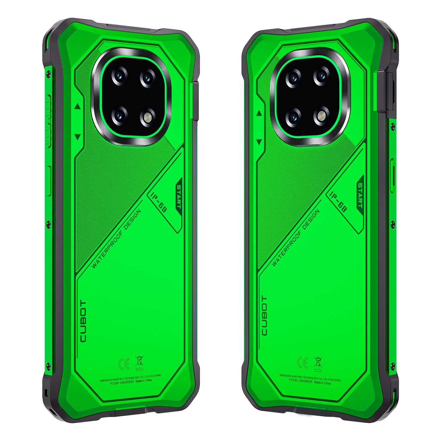 Dos vistas de un smartphone verde resistente con cámara cuádruple, marco protector negro y texto.