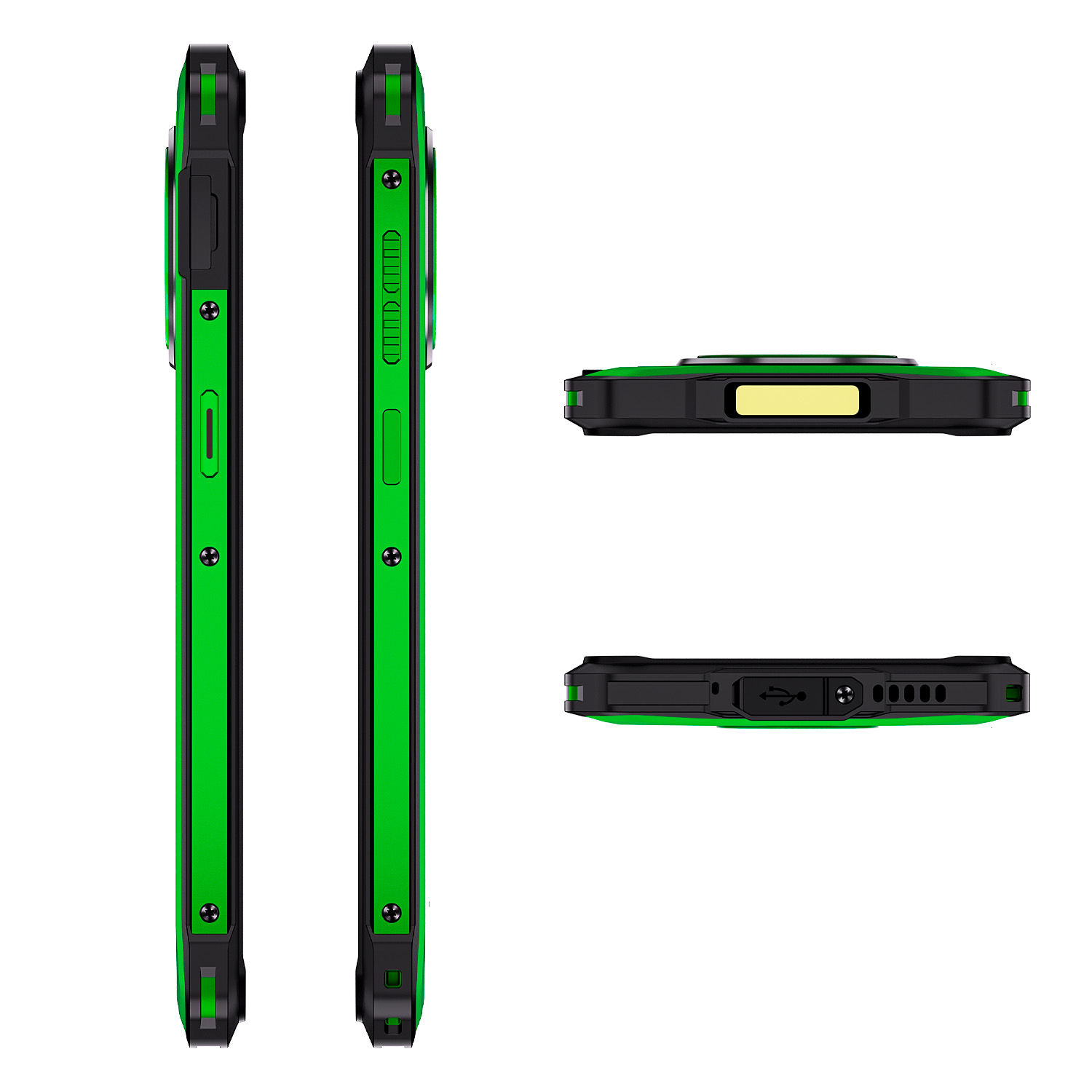 Vistas laterales y de bordes de un teléfono inteligente resistente en negro y verde sobre fondo blanco.