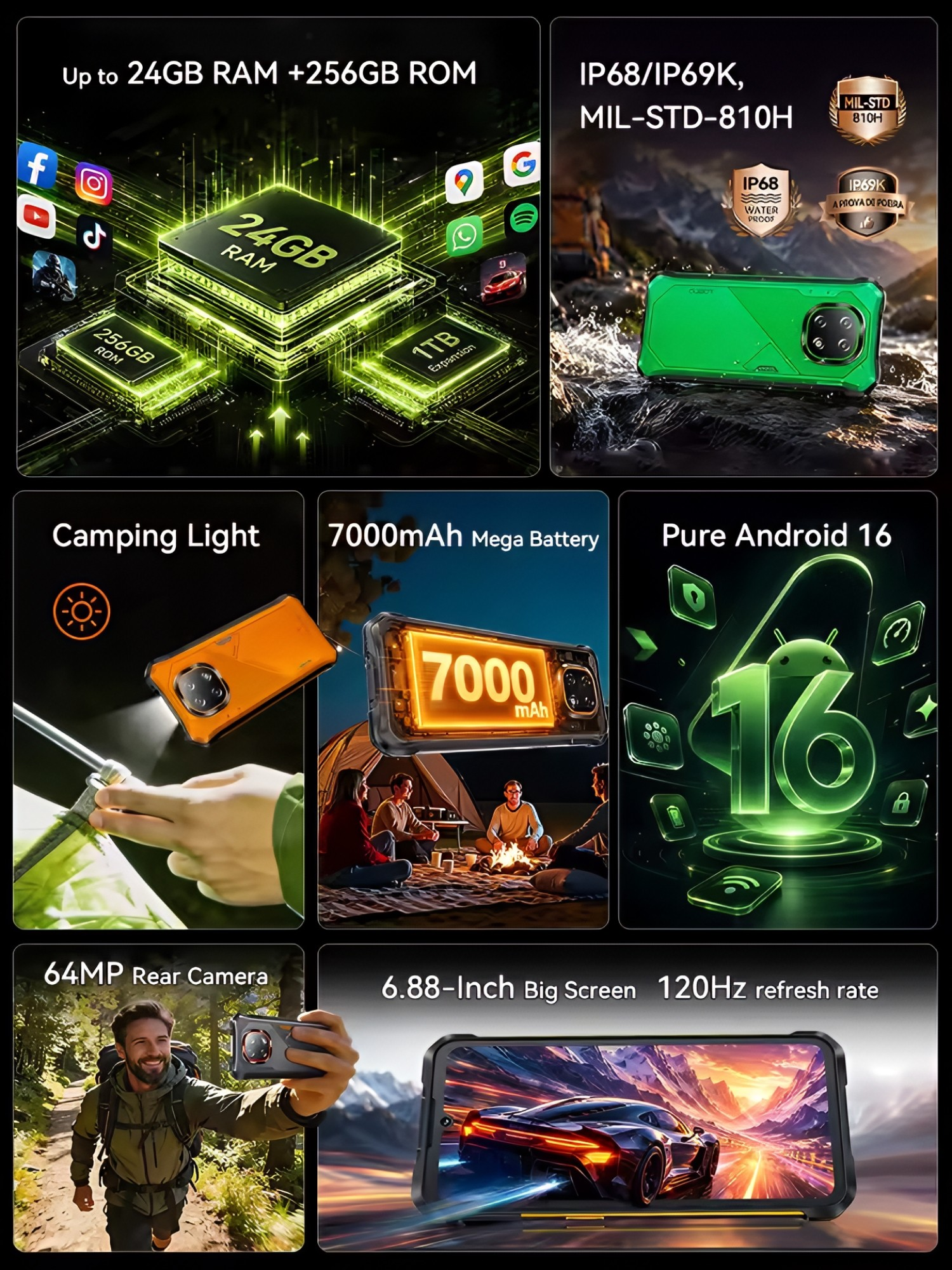 Cartel promocional de smartphone resistente con RAM, IP68, batería, cámara y pantalla.
