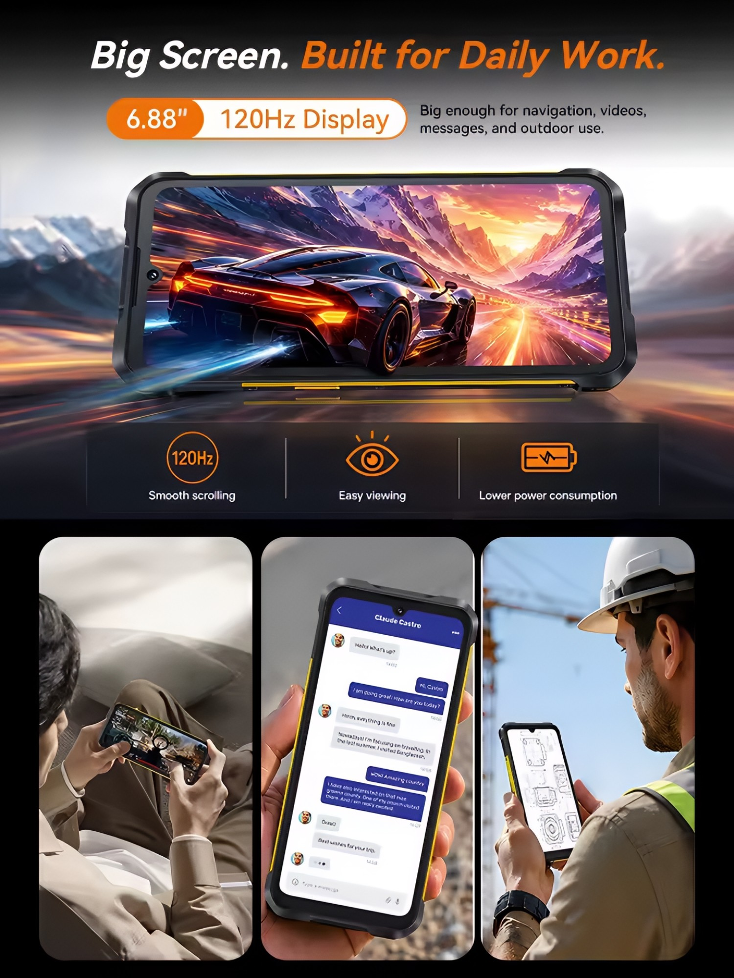 Un teléfono resistente con pantalla grande muestra autos de carreras y funciones de mensajería.