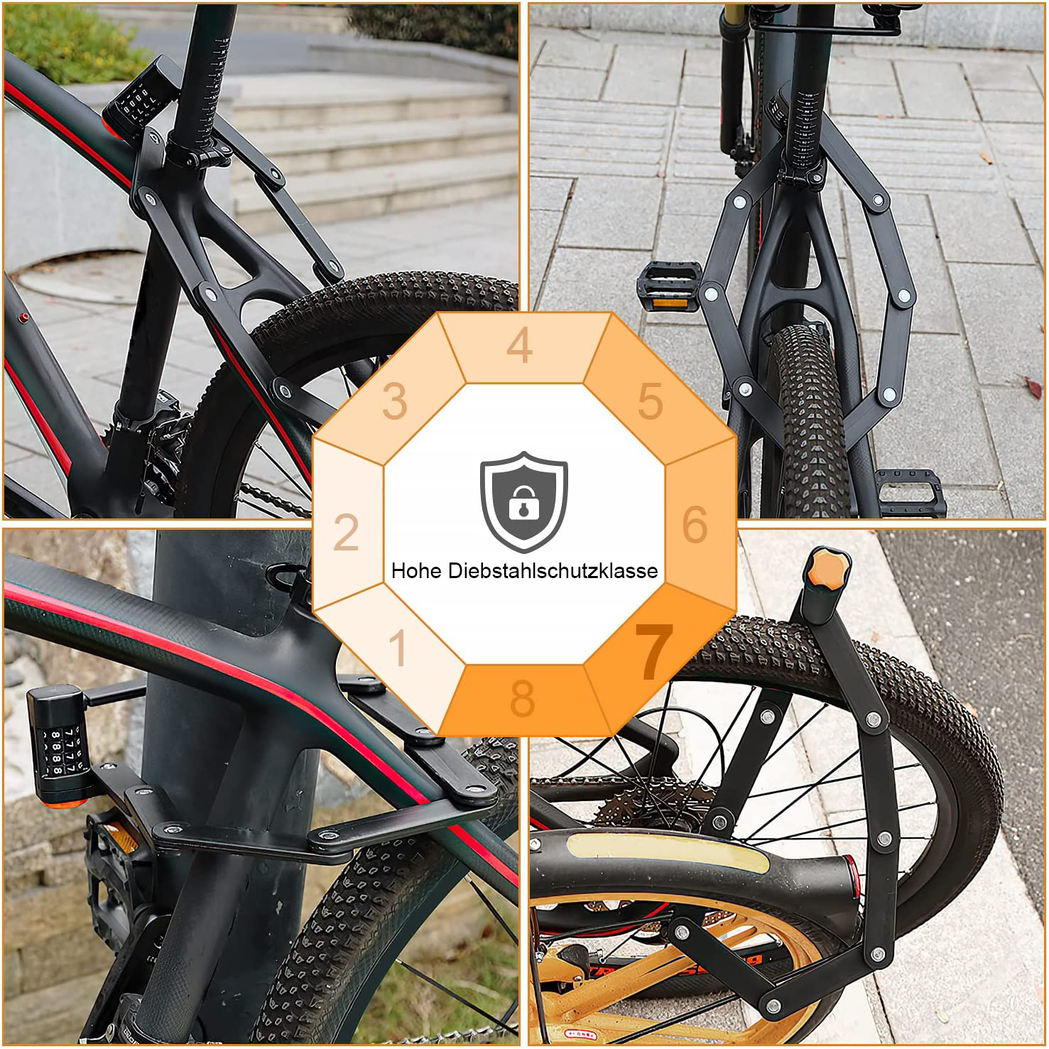 Vier Bilder zeigen ein schwarzes Faltschloss, das an einem Fahrrad montiert ist und es sichert.