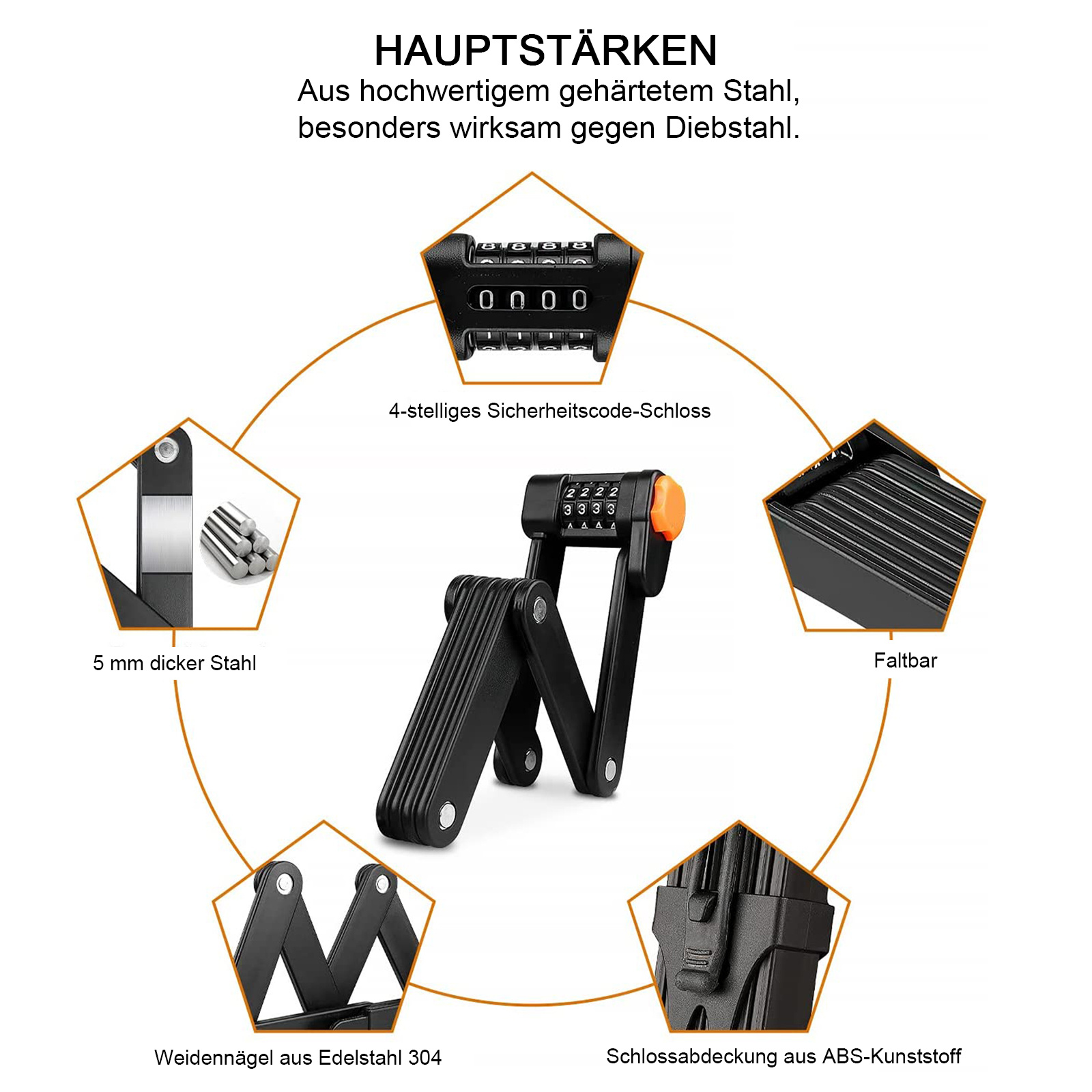 Eine Infografik mit einem schwarzen Faltschloss, 5 mm Stahl, 4-stelligen Code und ABS-Kunststoffabdeckung auf Deutsch.