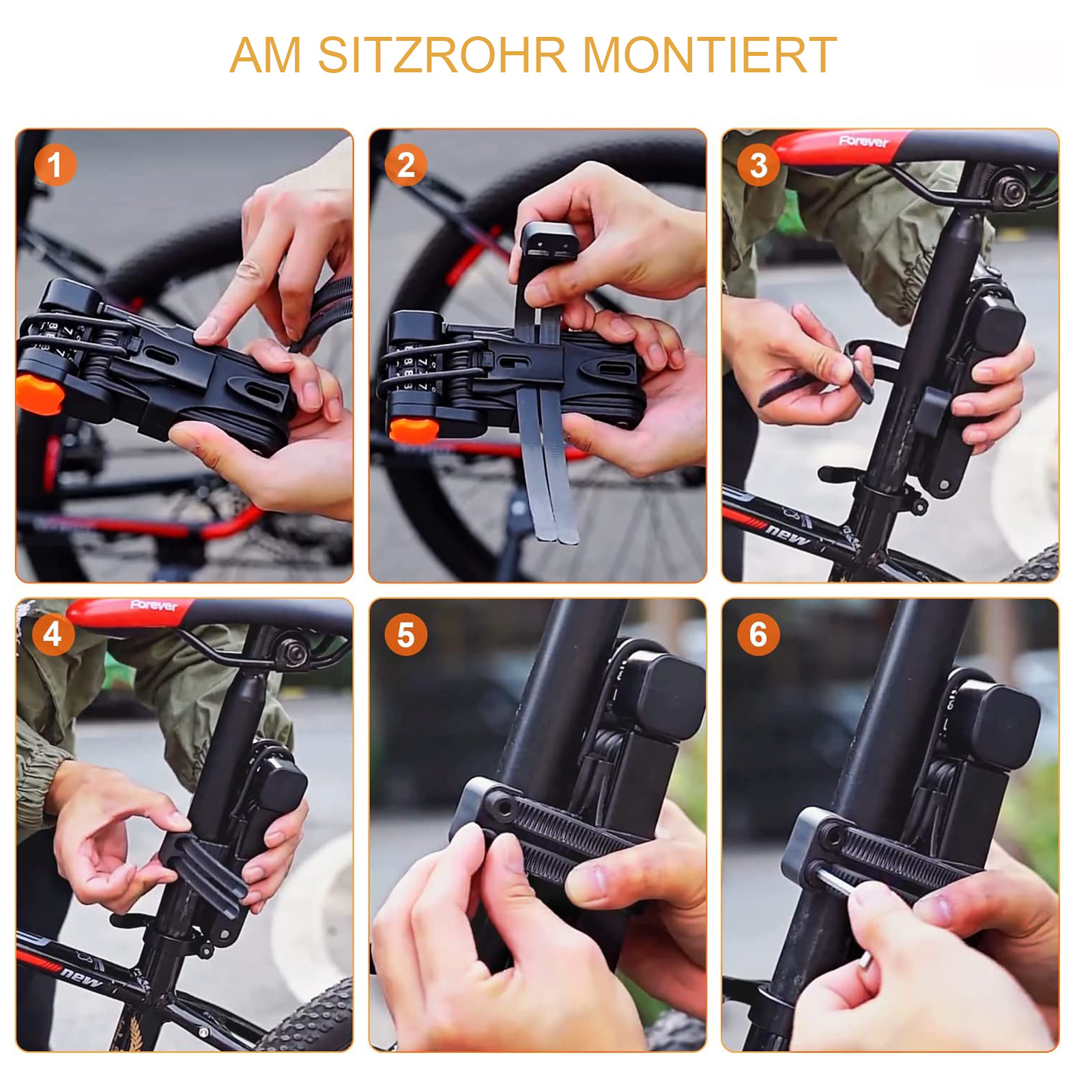 Sechs Bilder zeigen die Montage eines Fahrradschlosses am Sattelrohr mit Strapsen und Schrauben.