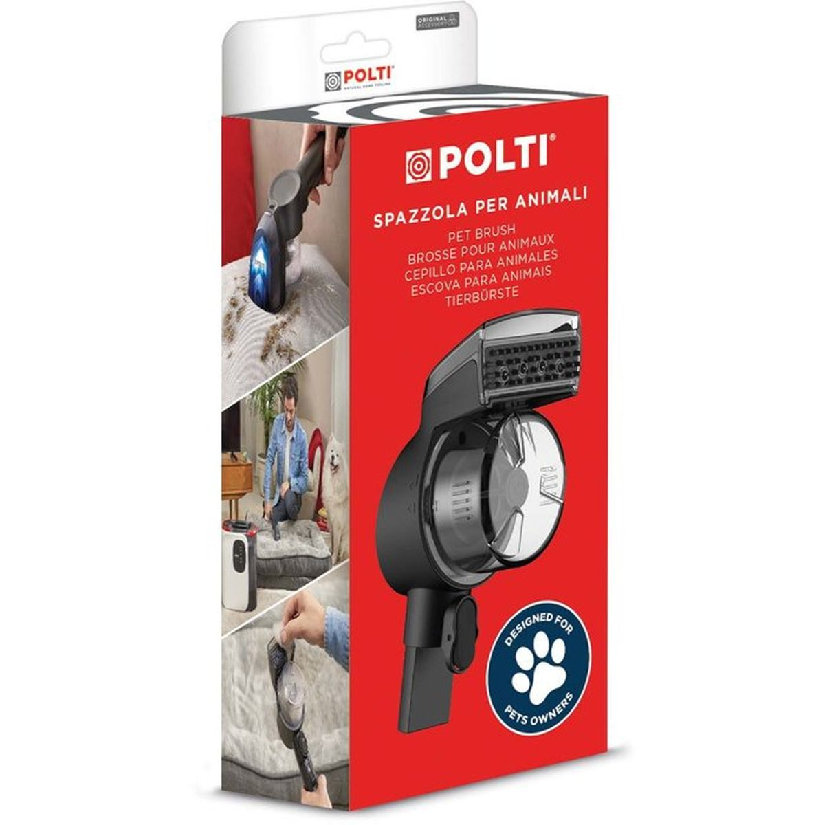 Polti Tierbürste Produktverpackung mit Abbildungen von Haustieren und Reinigung.