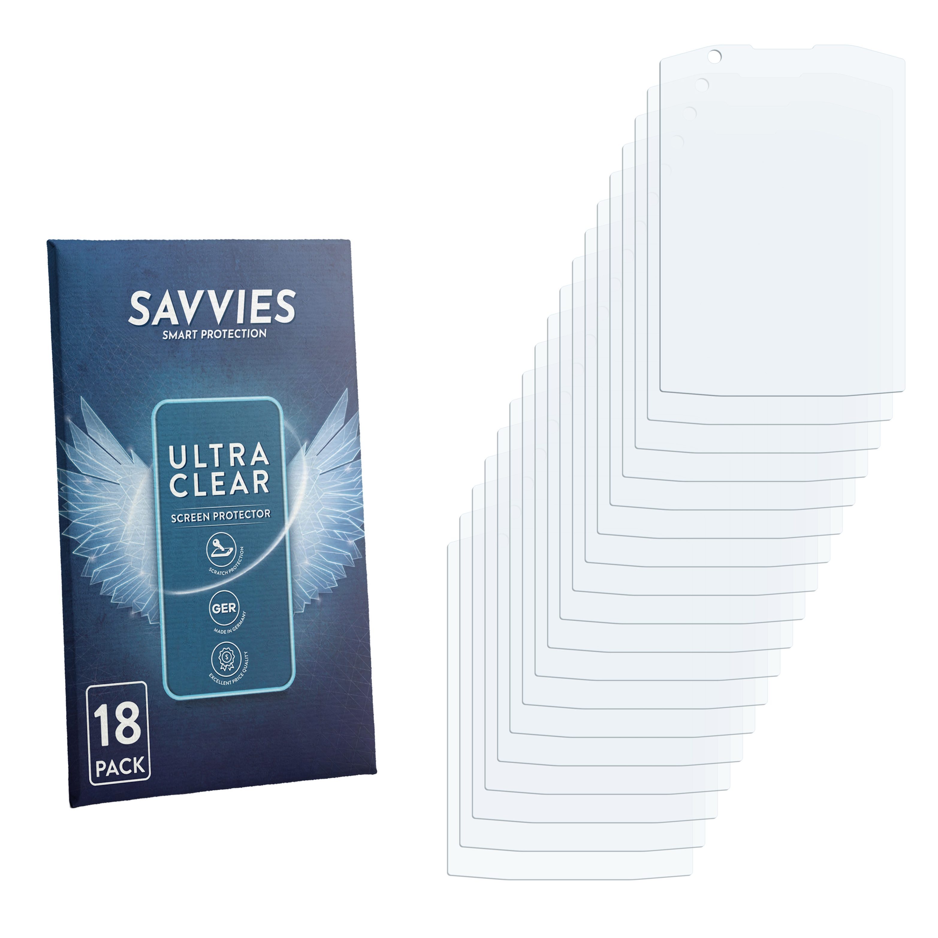 Savvies Displayschutzfolie 18er Pack mit blauer Verpackung und transparenten Folien.