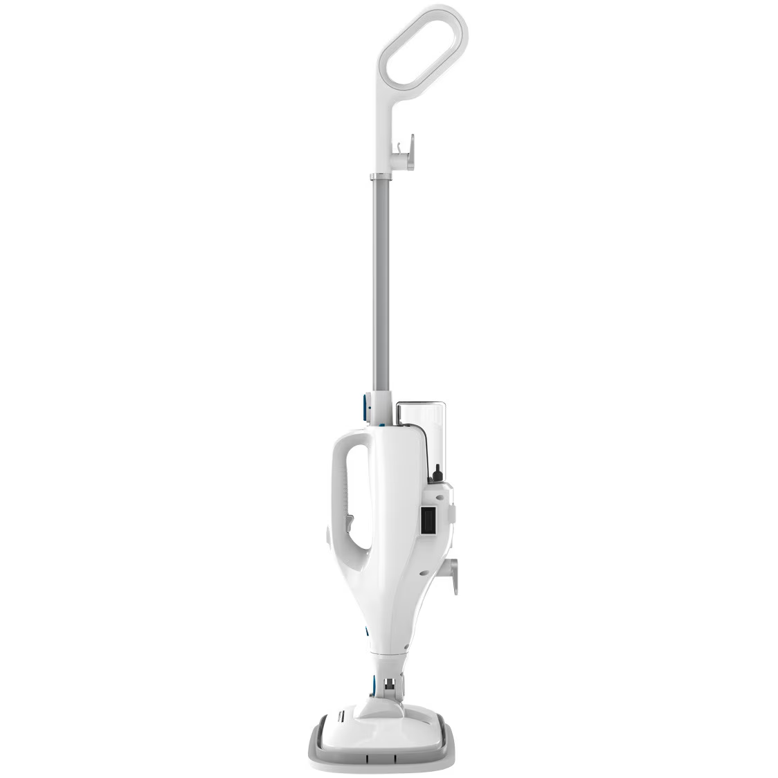 Un balai vapeur vertical blanc et gris isolé sur un fond blanc uni.