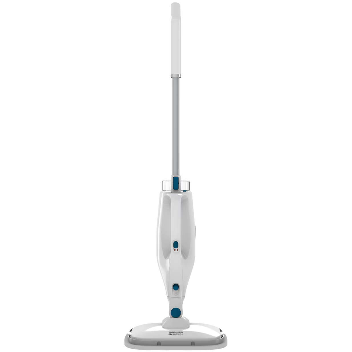 Un balai vapeur blanc et gris se dresse verticalement sur un fond blanc uni.