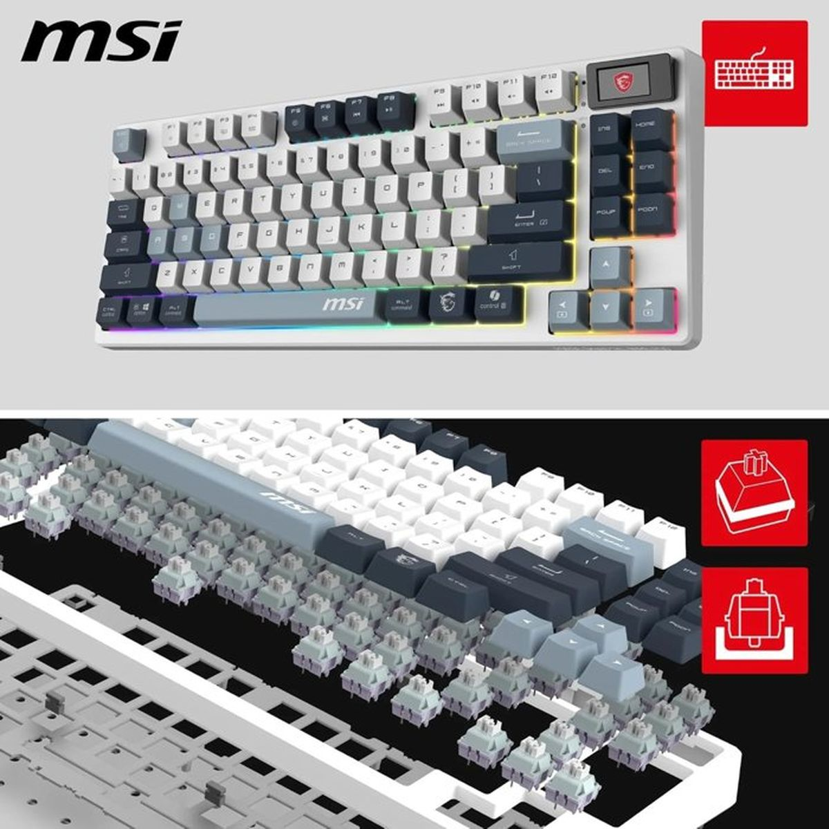 MSI mechanische Tastatur mit weißen, grauen und dunkelblauen Tasten und sichtbaren Switches.