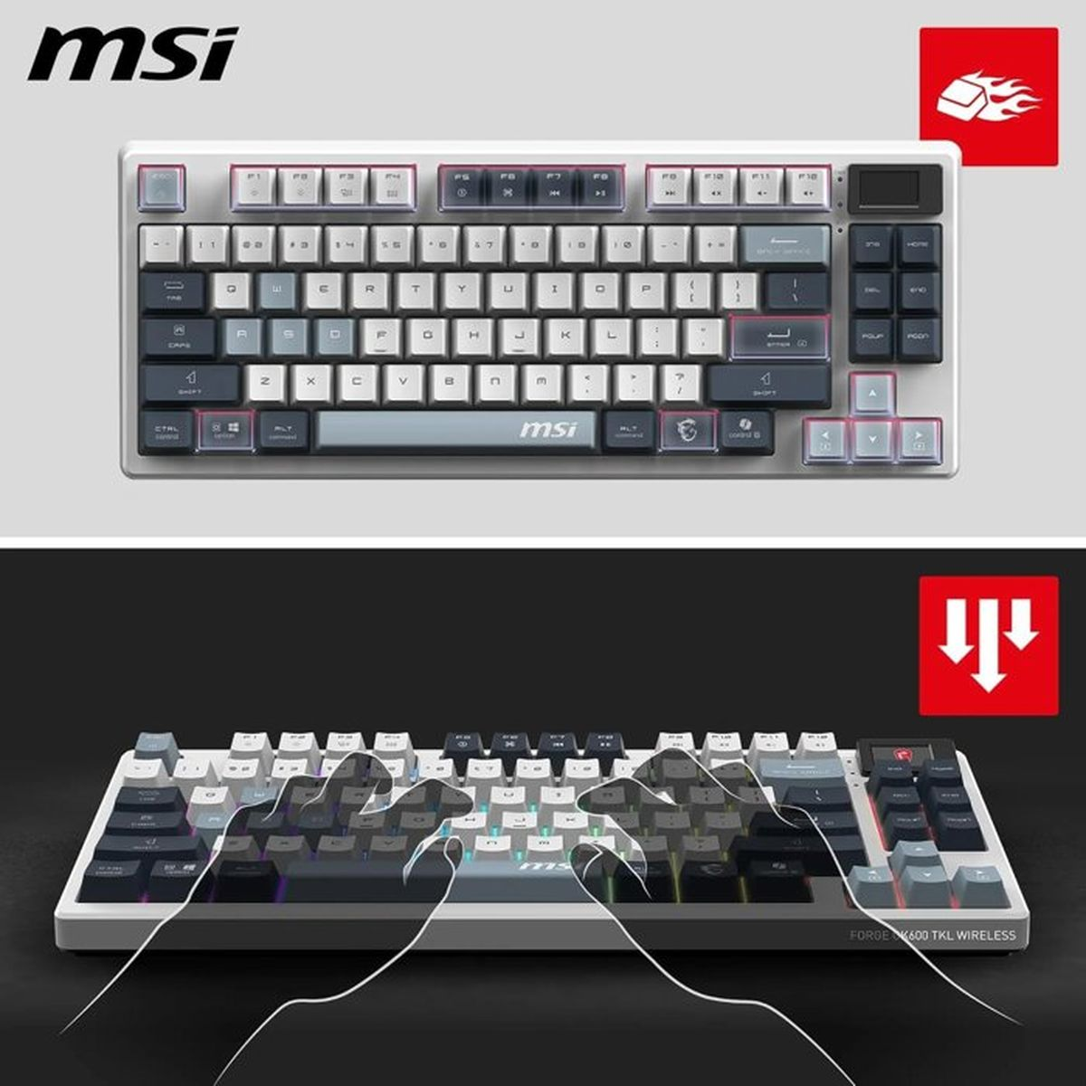 MSI Forge GK600 TKL kabellose mechanische Tastatur mit weißem und grauem Design sowie RGB-Beleuchtung.