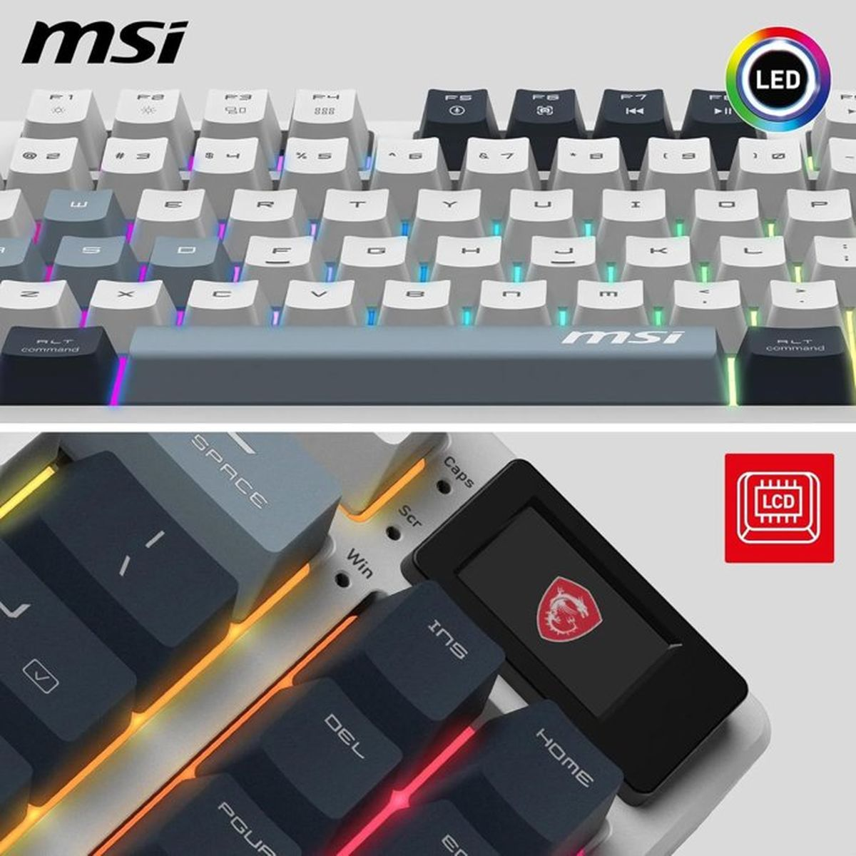 MSI-Gaming-Tastatur mit RGB-Hintergrundbeleuchtung, zweifarbigen Tasten und einem kleinen LCD-Display.