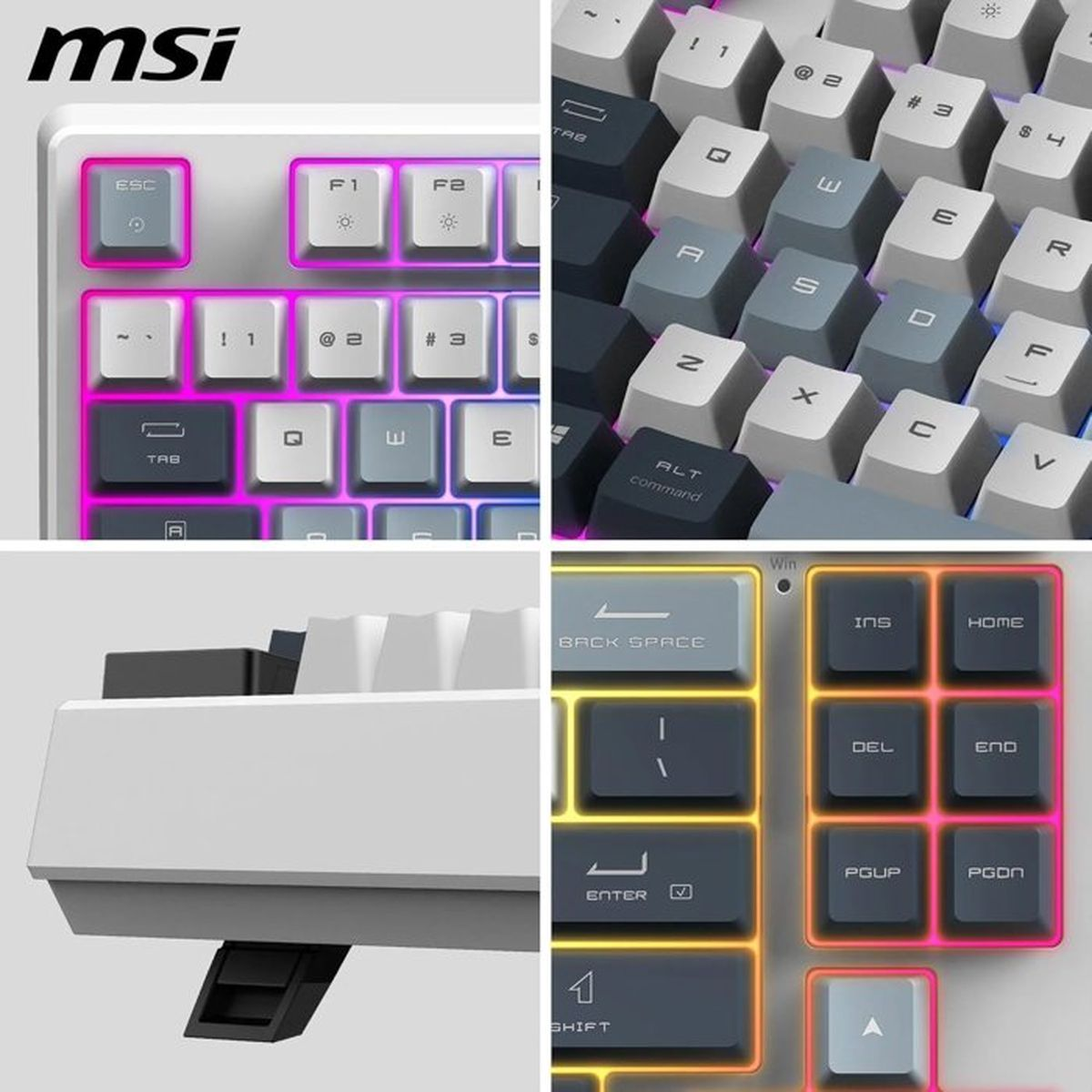 Vier Ausschnitte einer weißen MSI Gaming-Tastatur mit anpassbarer RGB-Hintergrundbeleuchtung.