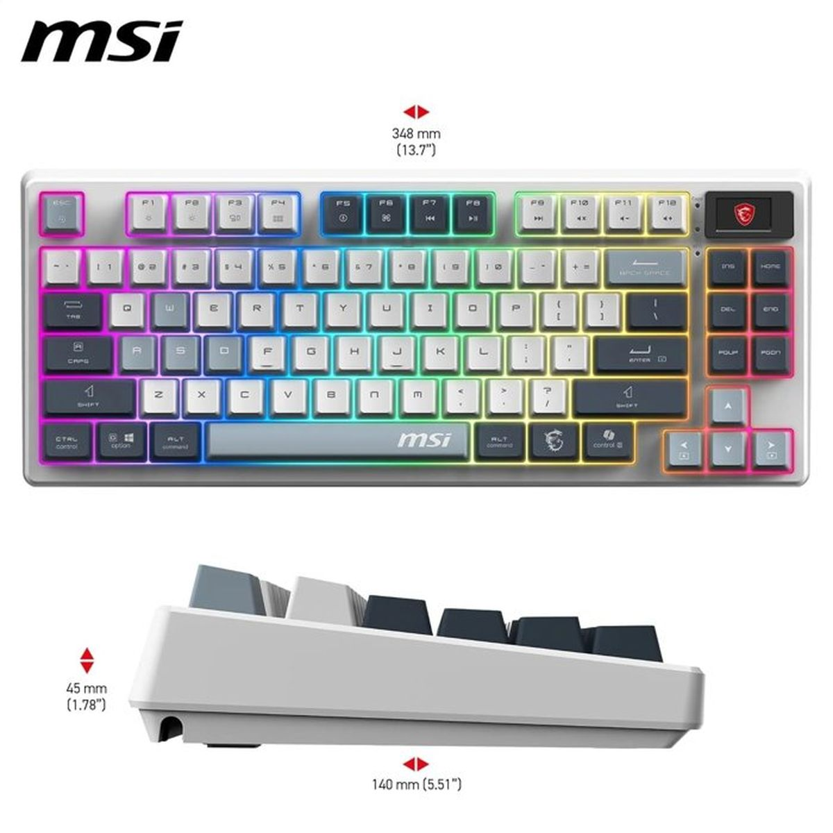 MSI-Tastatur mit RGB-Hintergrundbeleuchtung, oben und seitlich mit Abmessungen in Millimetern und Zoll angezeigt.