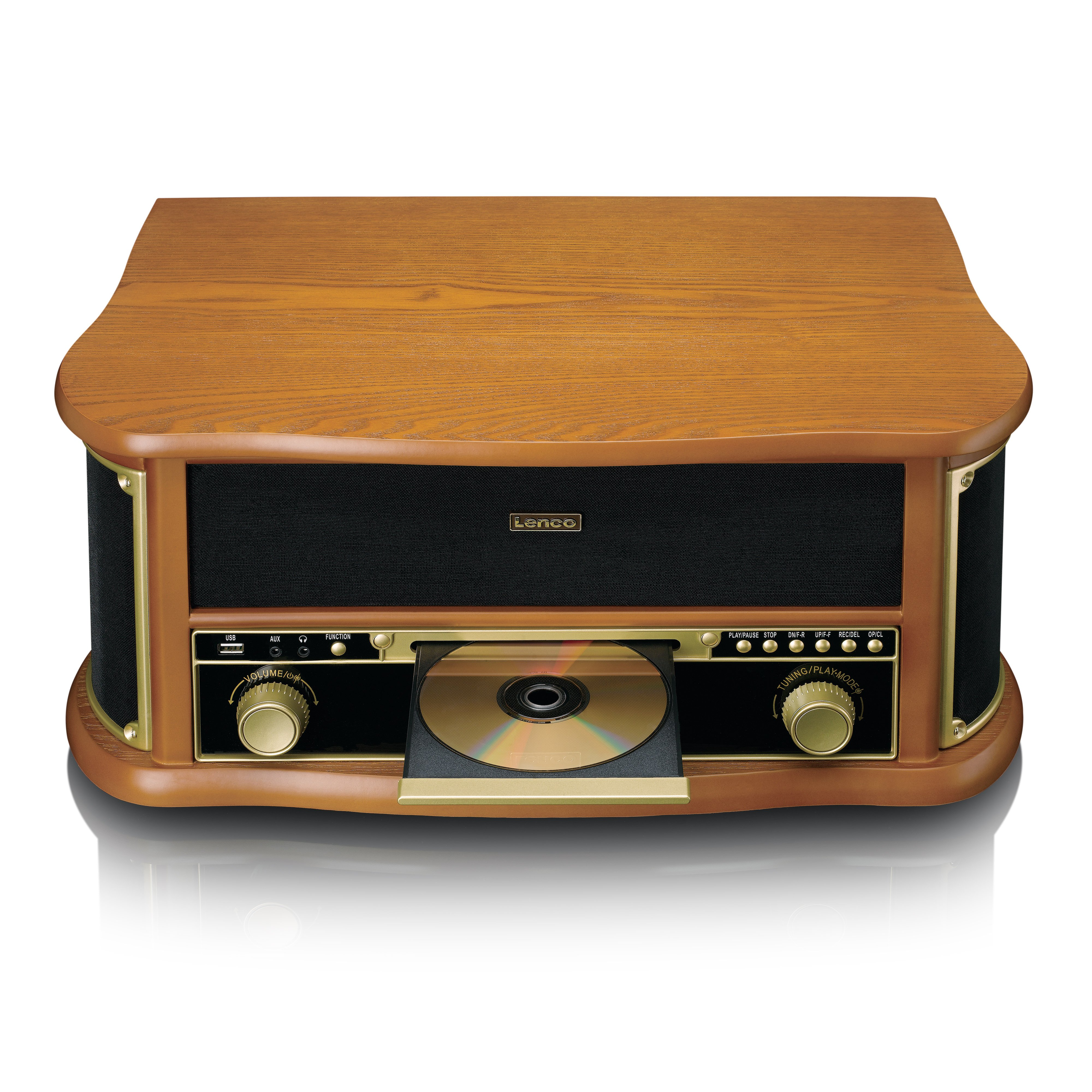 Ein hölzernes Lenco-Audiosystem mit offener CD-Schublade, schwarzem Lautsprechergitter, Goldknöpfen und weißem Hintergrund.