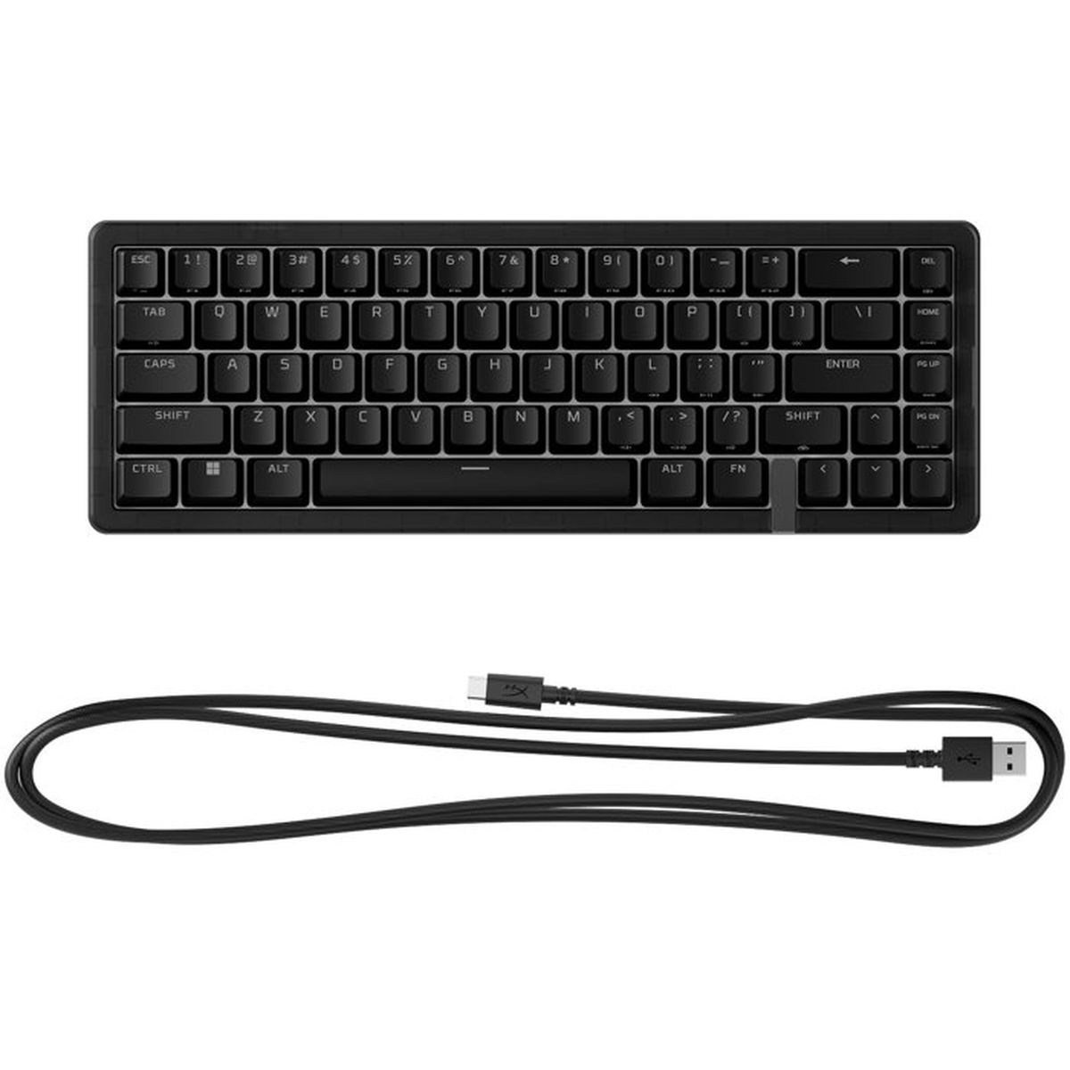 Eine schwarze, kompakte mechanische Tastatur mit QWERTY-Layout und ein abnehmbares USB-Kabel.