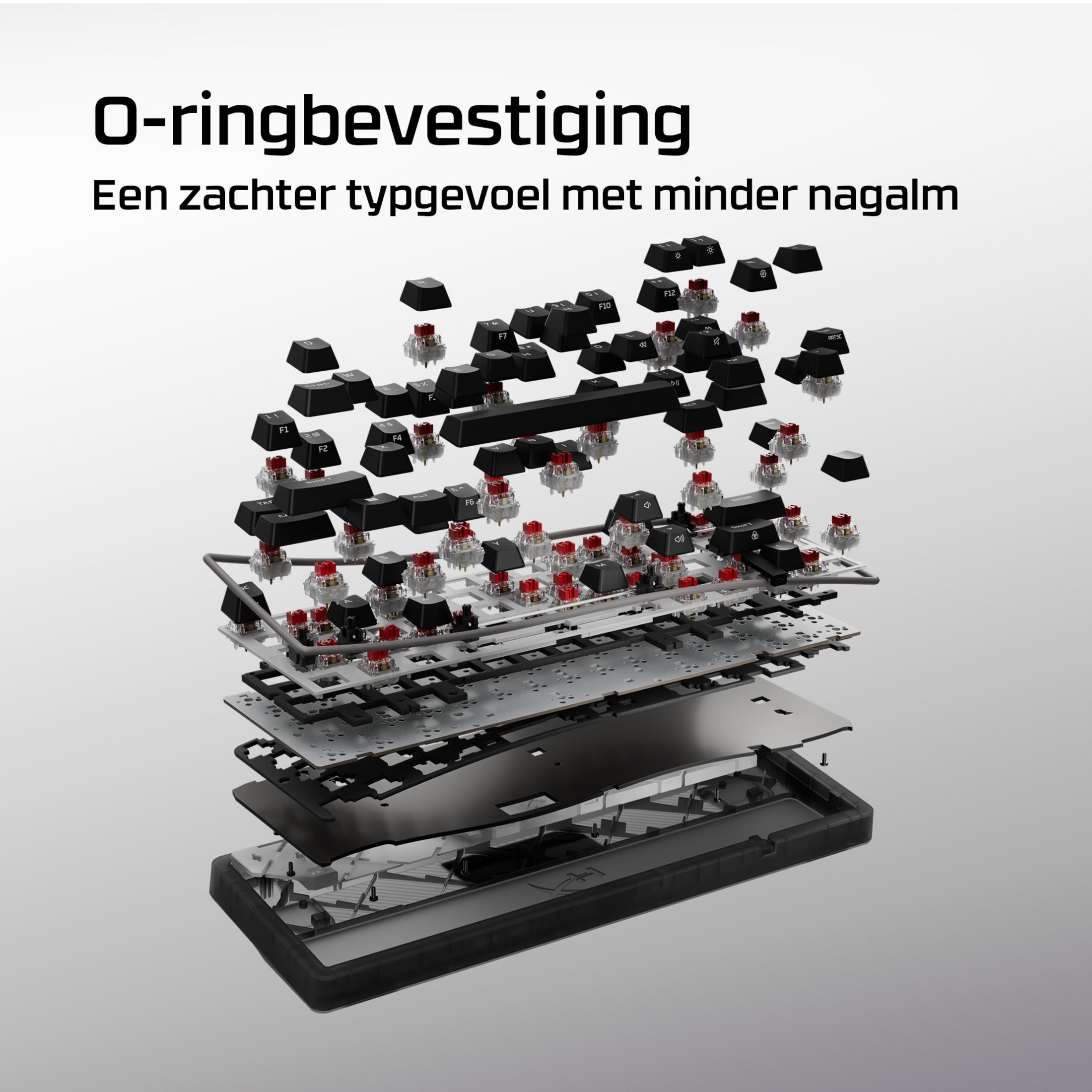 Explosionsdarstellung einer mechanischen Tastatur mit abgelösten Tasten und Schaltern.
