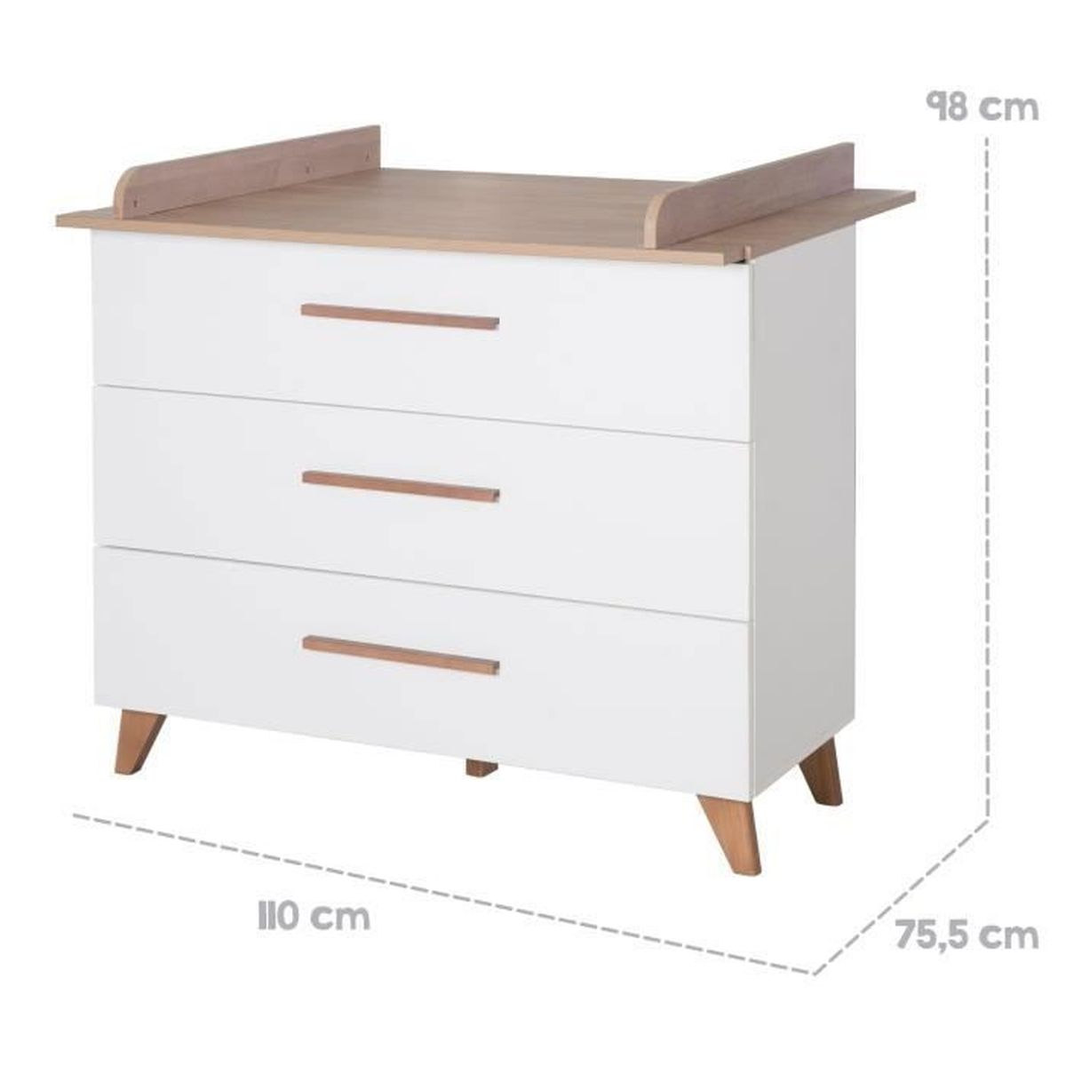Weisse Kommode mit drei Schubladen, Holzgriffen und Masse: 110x75,5x98 cm.
