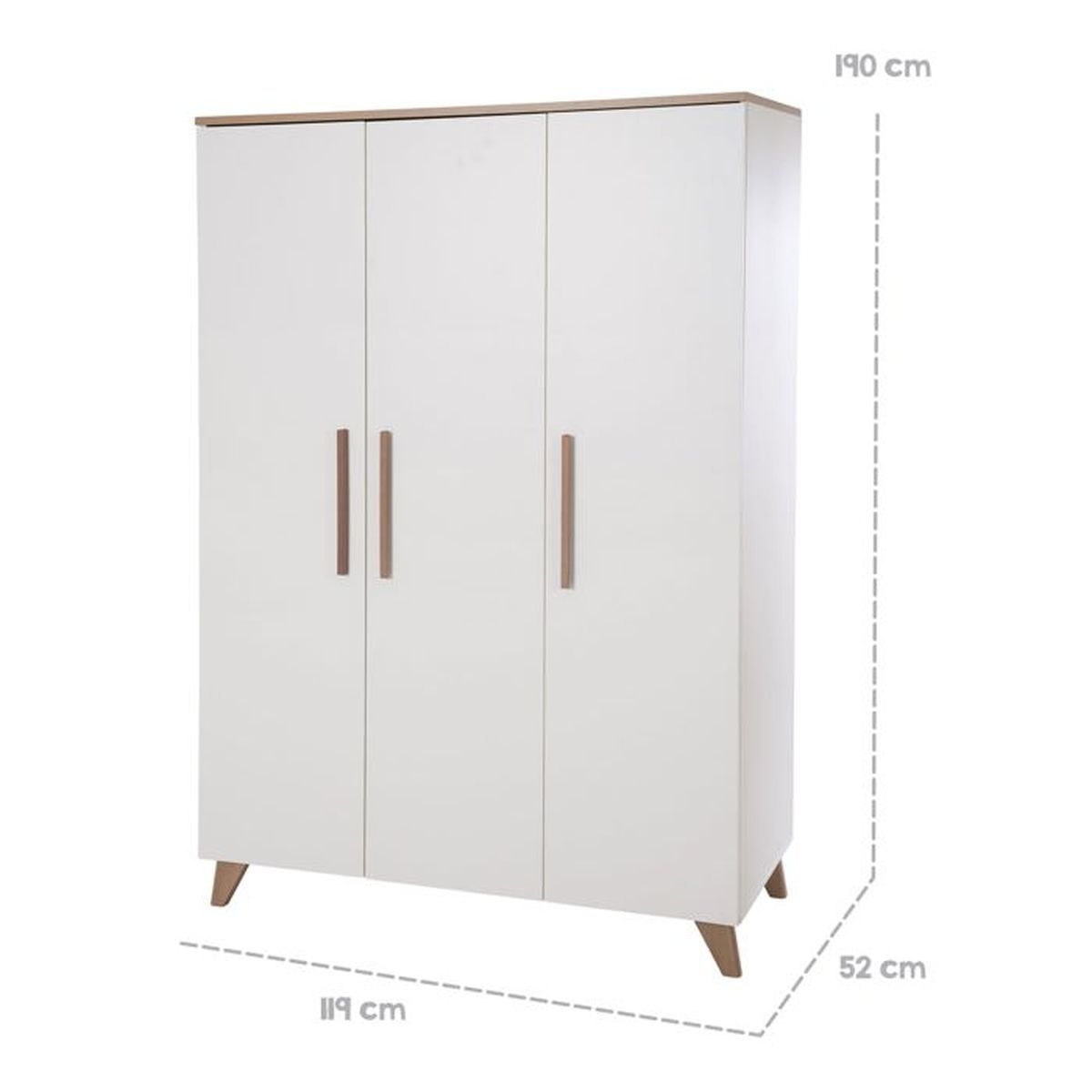 Weißer Kleiderschrank mit drei Türen, Holzgriffen und Maßen von 119x52x190 cm auf weißem Hintergrund.
