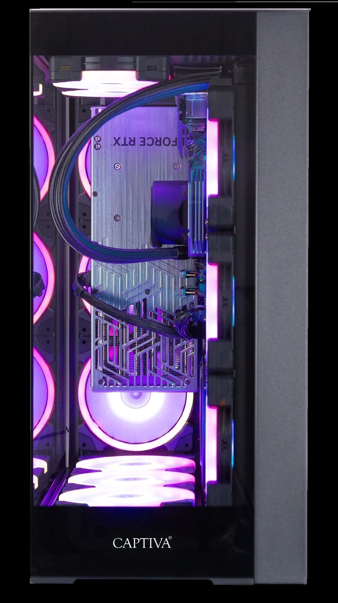 Een computerkast met paars oplichtende RGB-ventilatoren, een videokaart en kabels aan de binnenkant.