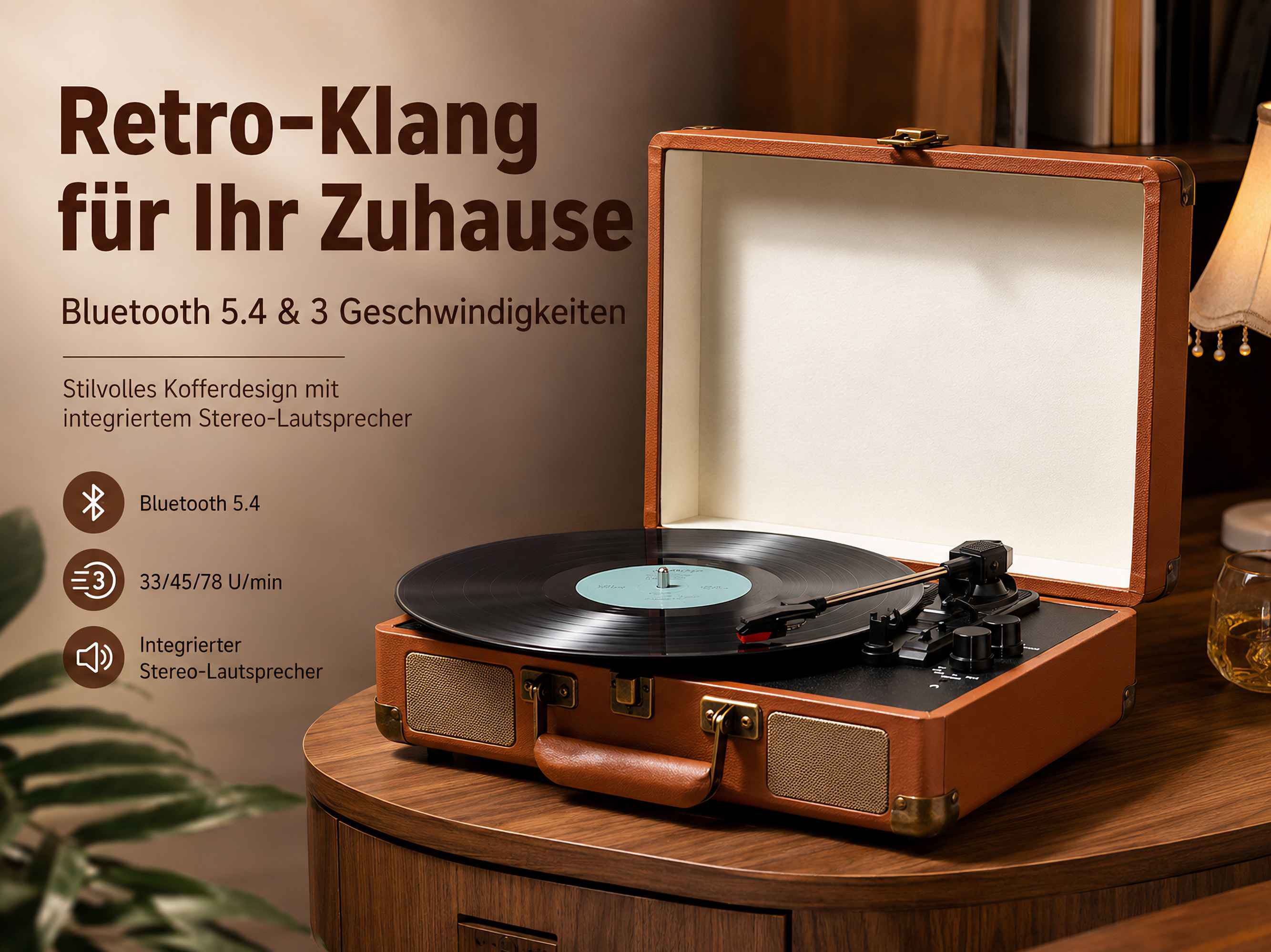 Brauner Retro-Plattenspieler im Kofferdesign mit schwarzer Schallplatte auf einem Holztisch.