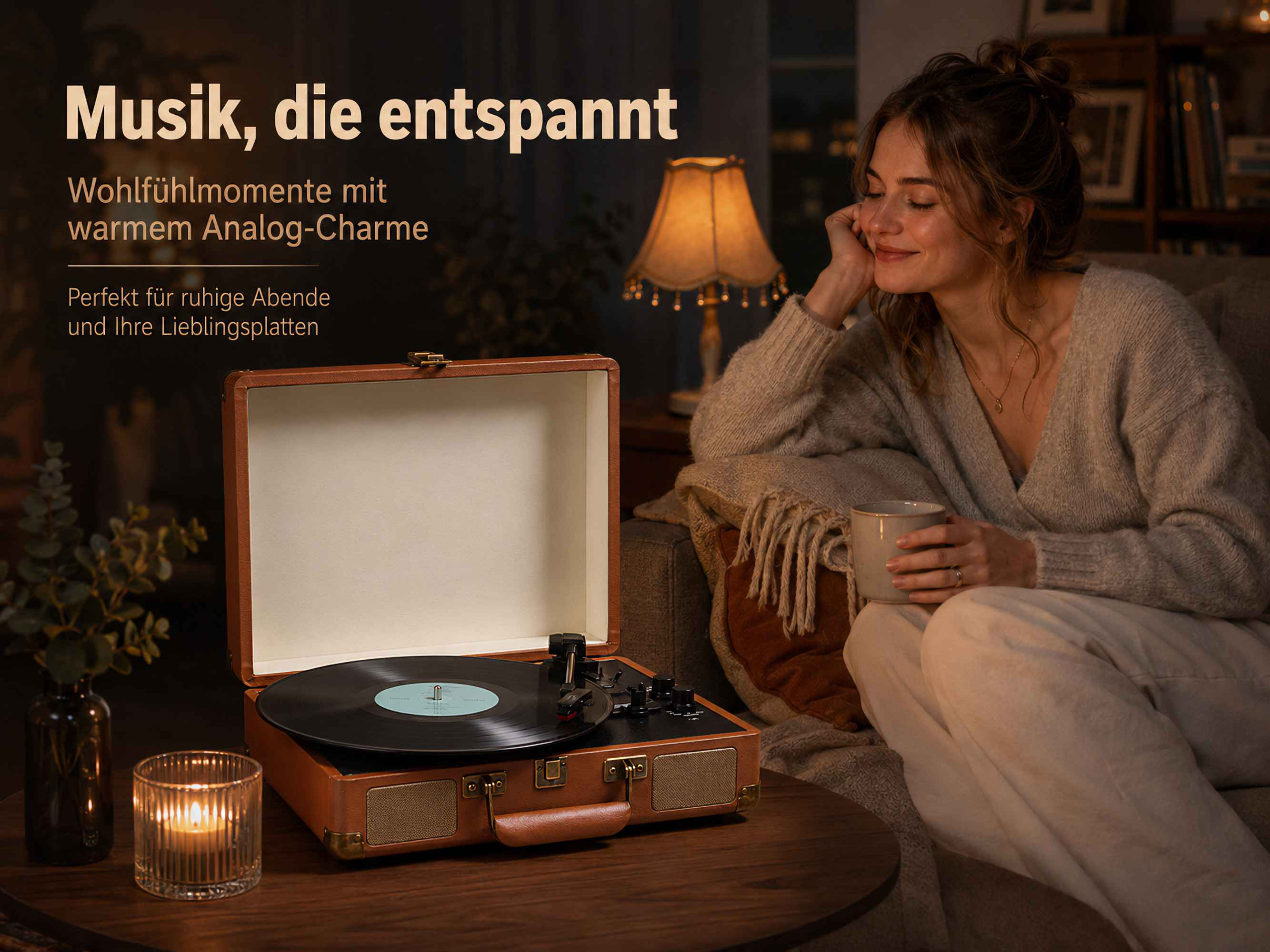 Eine Frau sitzt entspannt auf dem Sofa neben einem braunen Kofferplattenspieler und Text.
