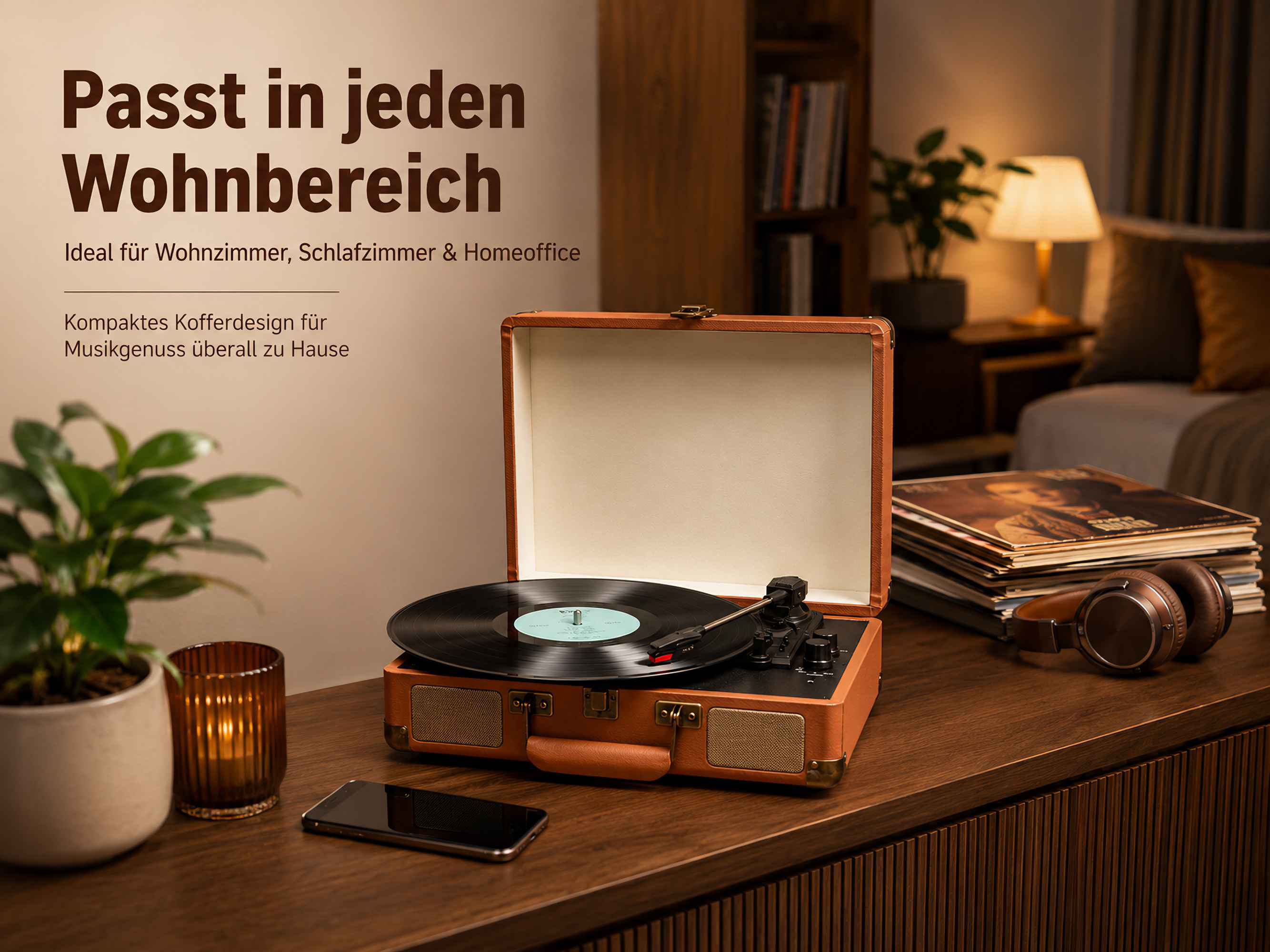 Ein brauner Koffer-Plattenspieler steht auf einem Holztisch mit Kopfhörern, Schallplatten und deutscher Werbung.