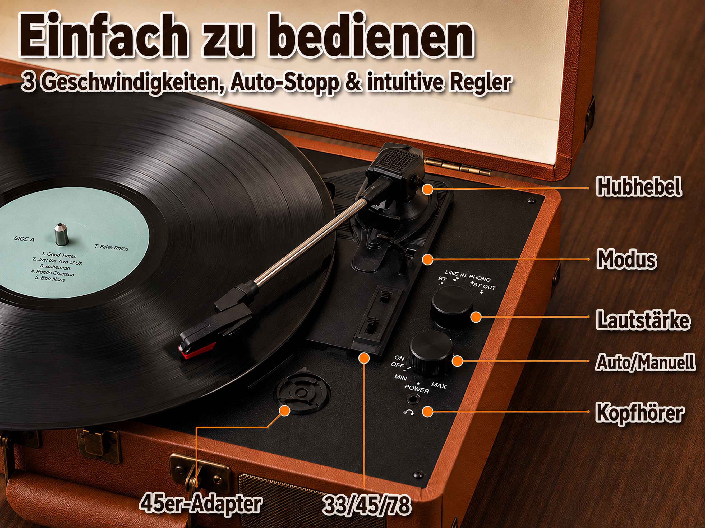 Ein brauner Plattenspieler mit Vinylplatte und markierten Bedienelementen auf schwarzem Hintergrund.