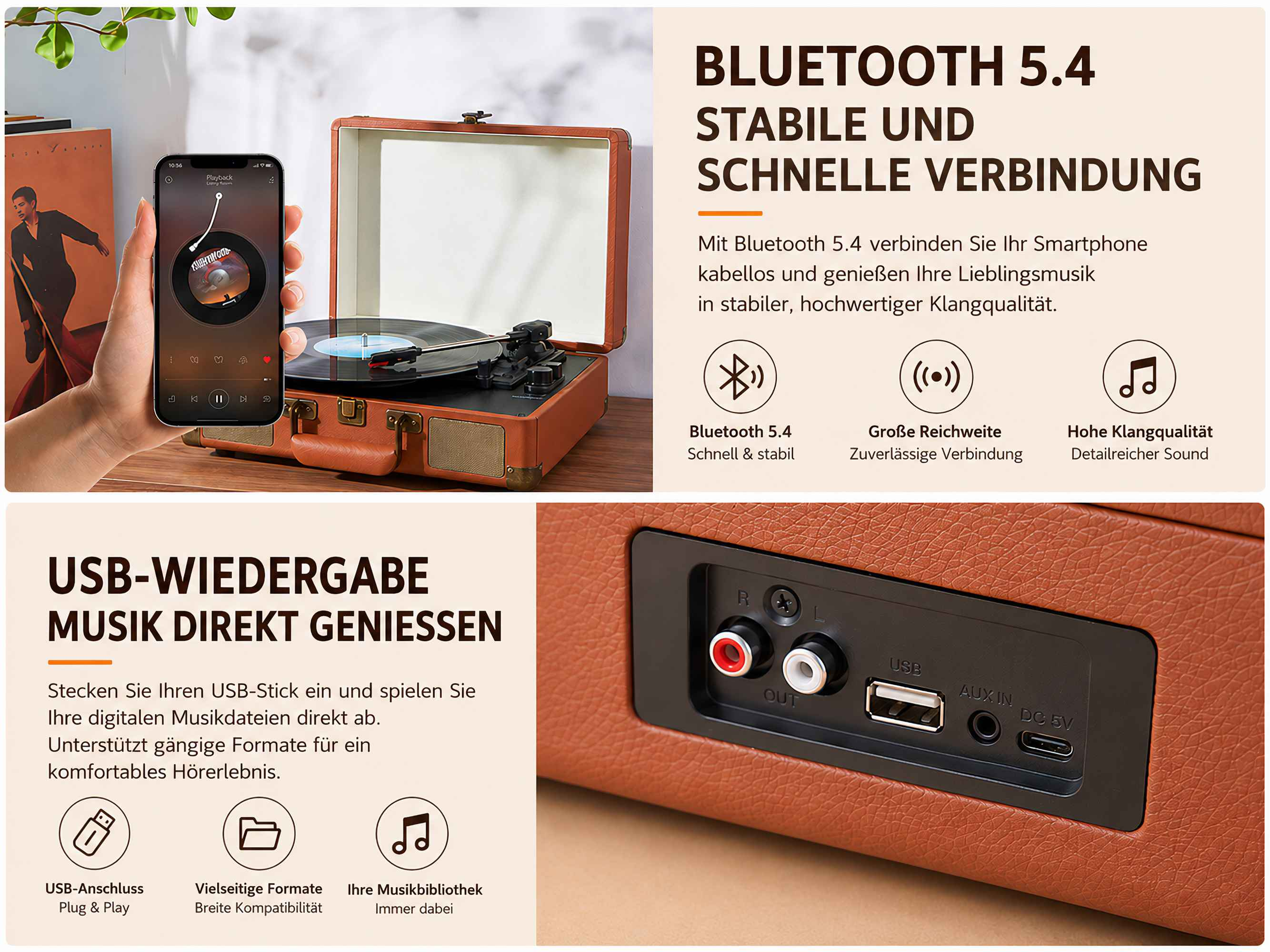 Ein brauner Plattenspieler mit Bluetooth 5.4 und USB-Anschluss, daneben ein Smartphone und deutsche Textgrafiken.