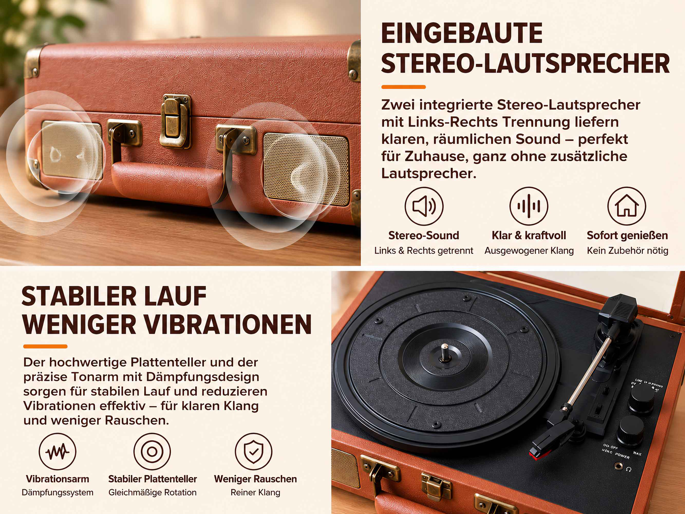 Ein brauner Plattenspielerkoffer mit eingebauten Lautsprechern und deutscher Beschreibung.