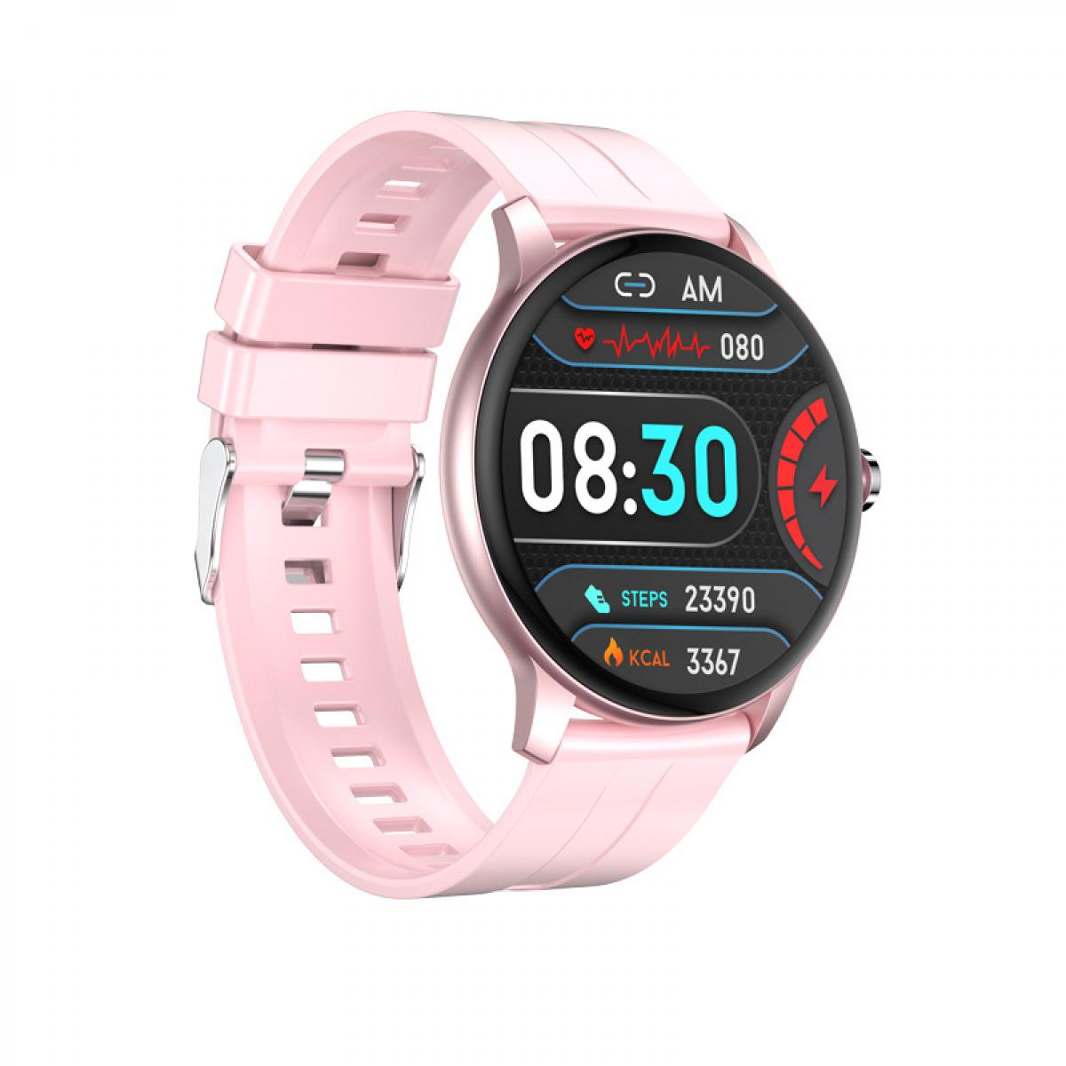 Rosa Smartwatch mit rundem Display und Fitness-Daten.